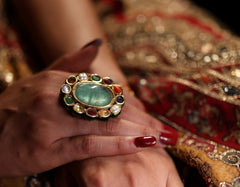 Navratan Kundan Ring - Adjustable - Semi Precious Stones - QUEENS JEWELS