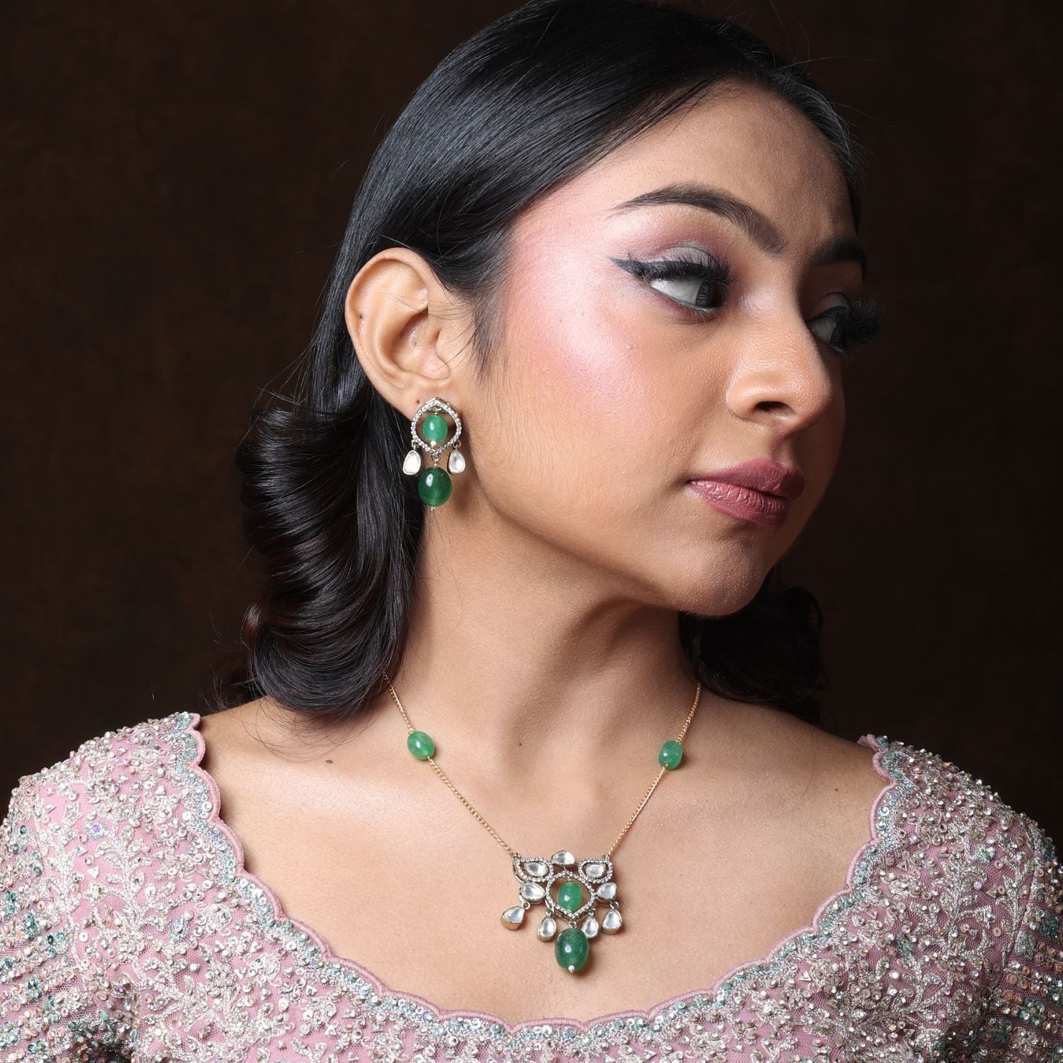 Alia Polki Kundan Victorian Pendant Necklace & Earrings Set - Green - QUEENS JEWELS