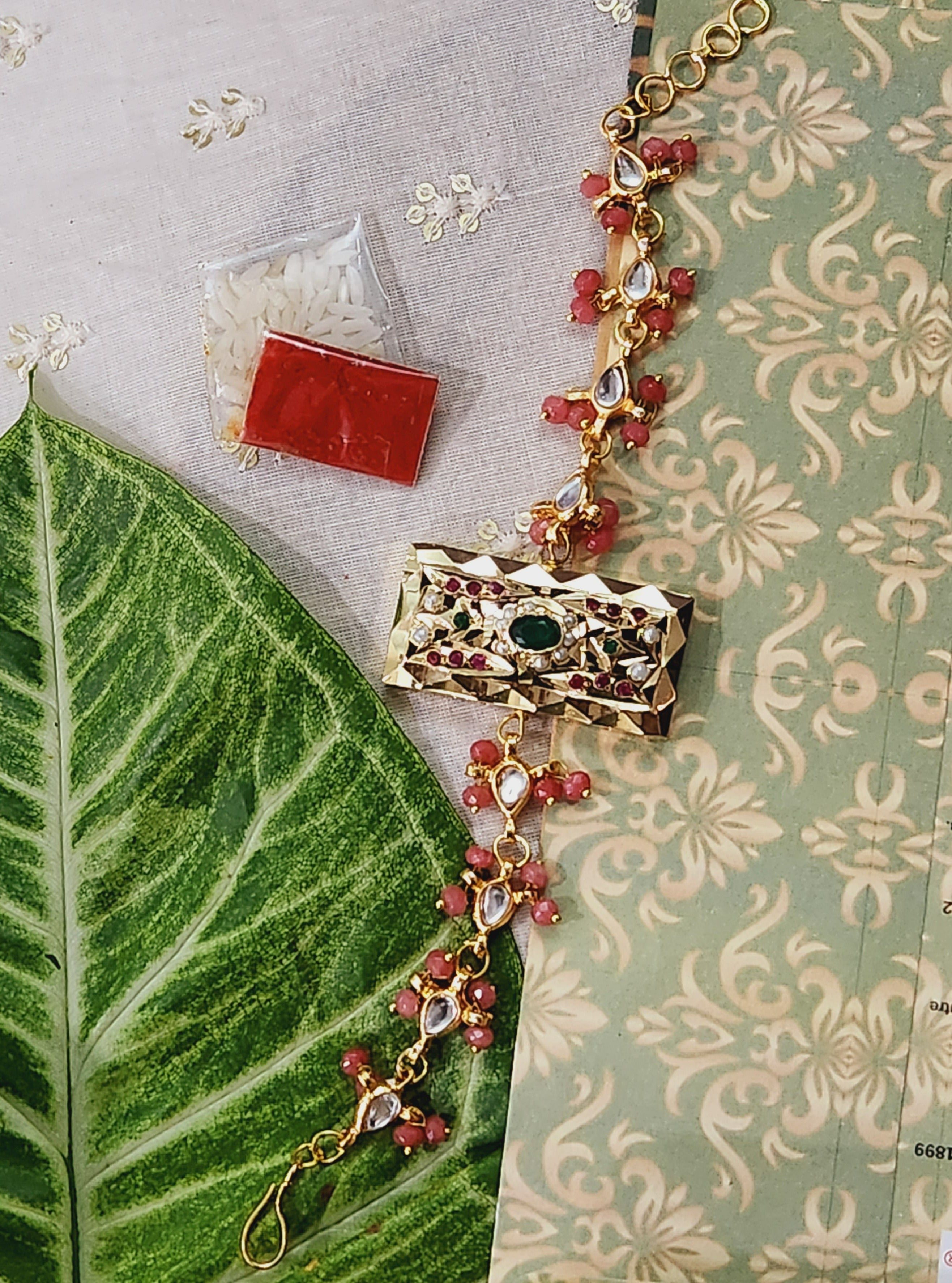 Myra Multicolour Rectangular Jadau Bracelet Rakhi - QUEENS JEWELS