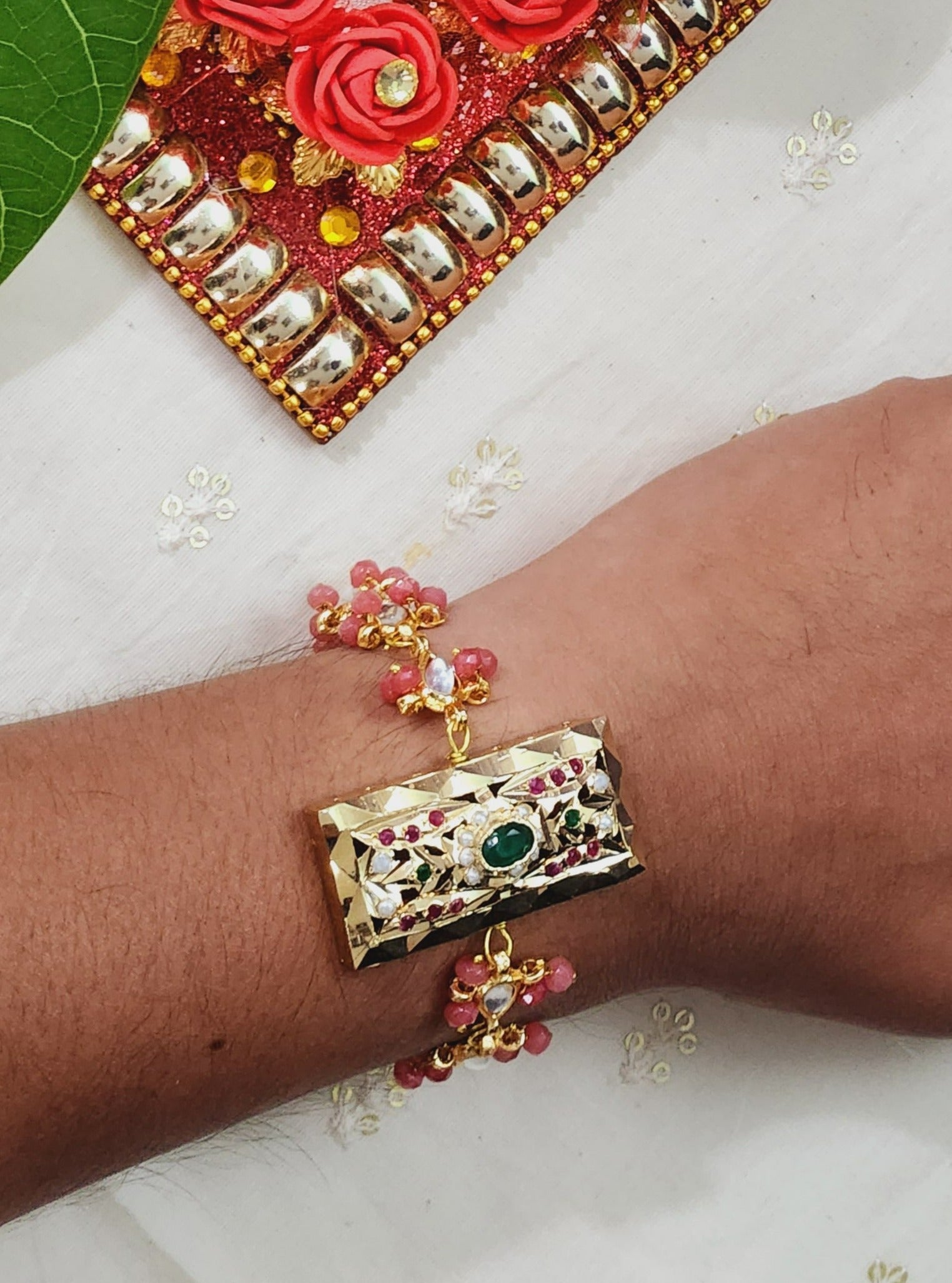 Myra Multicolour Rectangular Jadau Bracelet Rakhi - QUEENS JEWELS