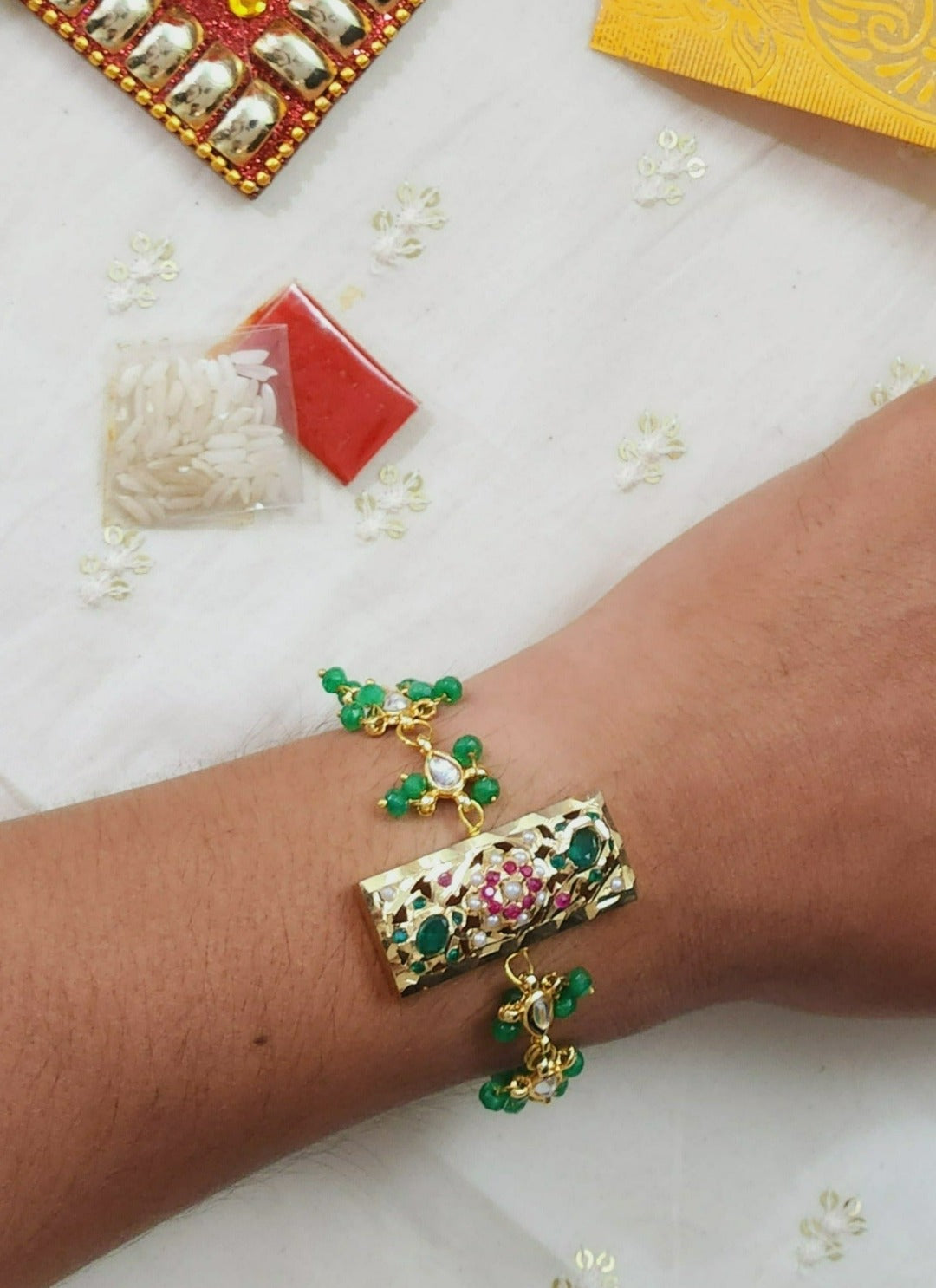Floral Rectangular Jadau Bracelet Rakhi - QUEENS JEWELS