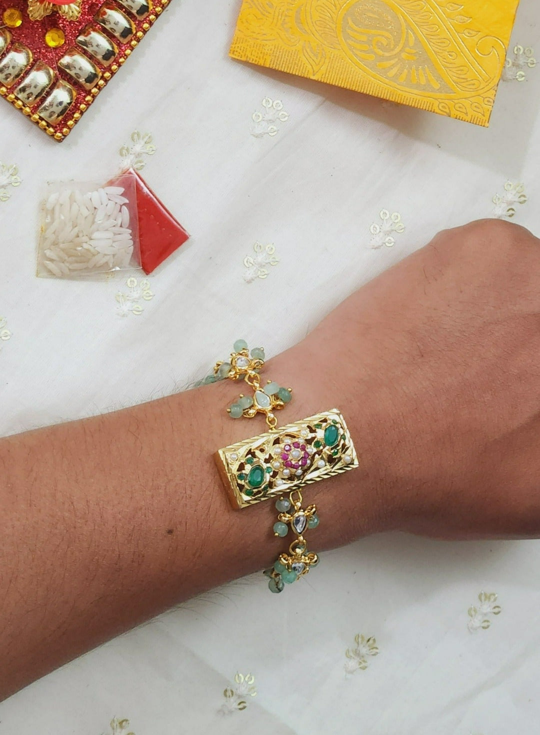 Floral Rectangular Jadau Bracelet Rakhi - QUEENS JEWELS