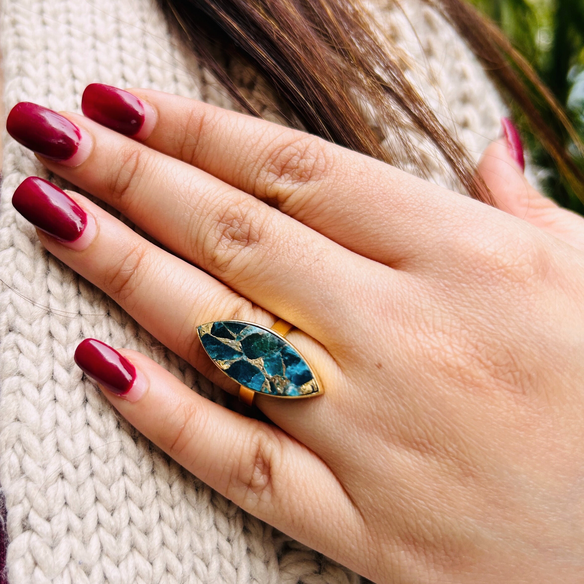 Archies Adjustable Mohave Deep Aqua Citrine Gold Plated Ring - QUEENS JEWELS