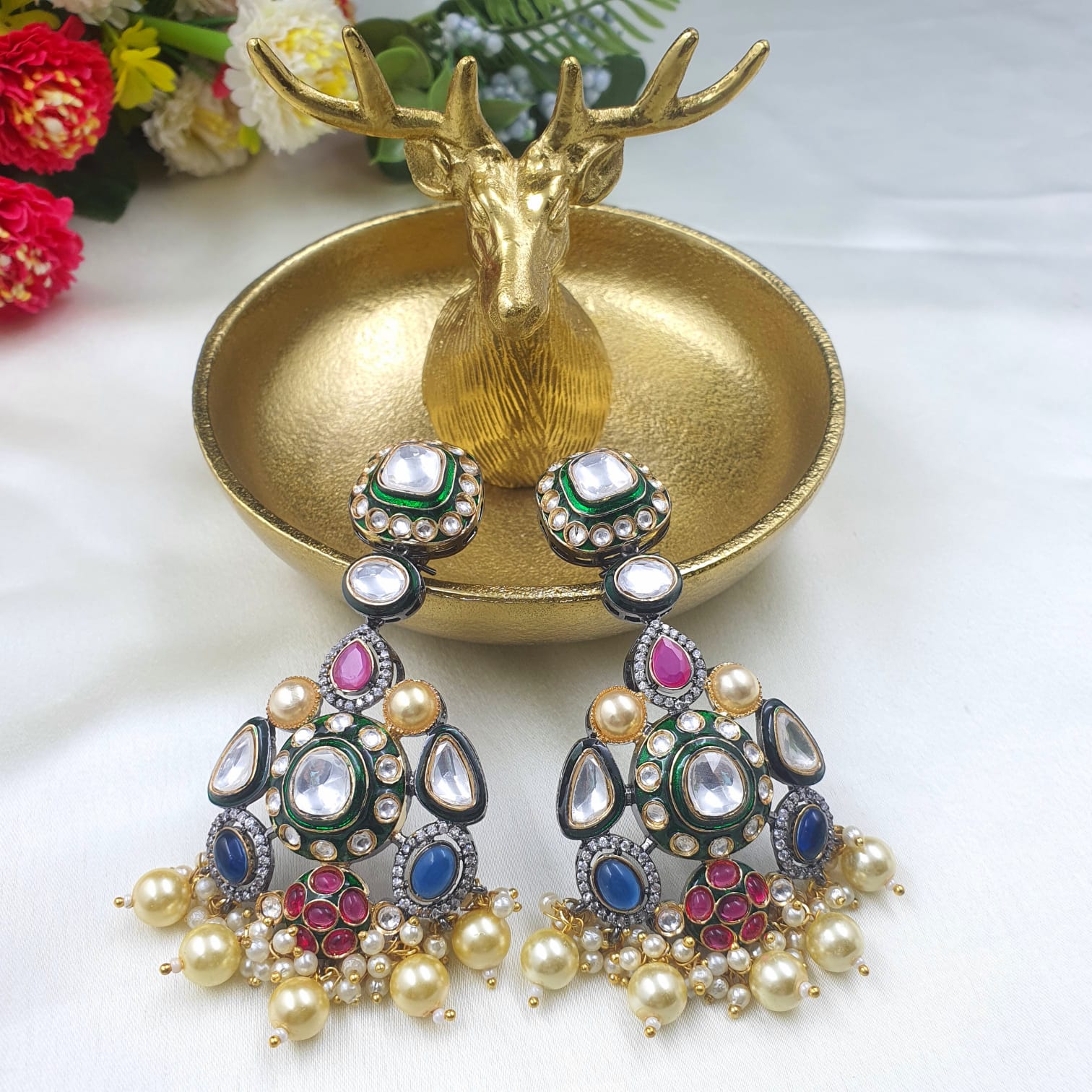 Victorian Style Polki Navratan Earrings - QUEENS JEWELS