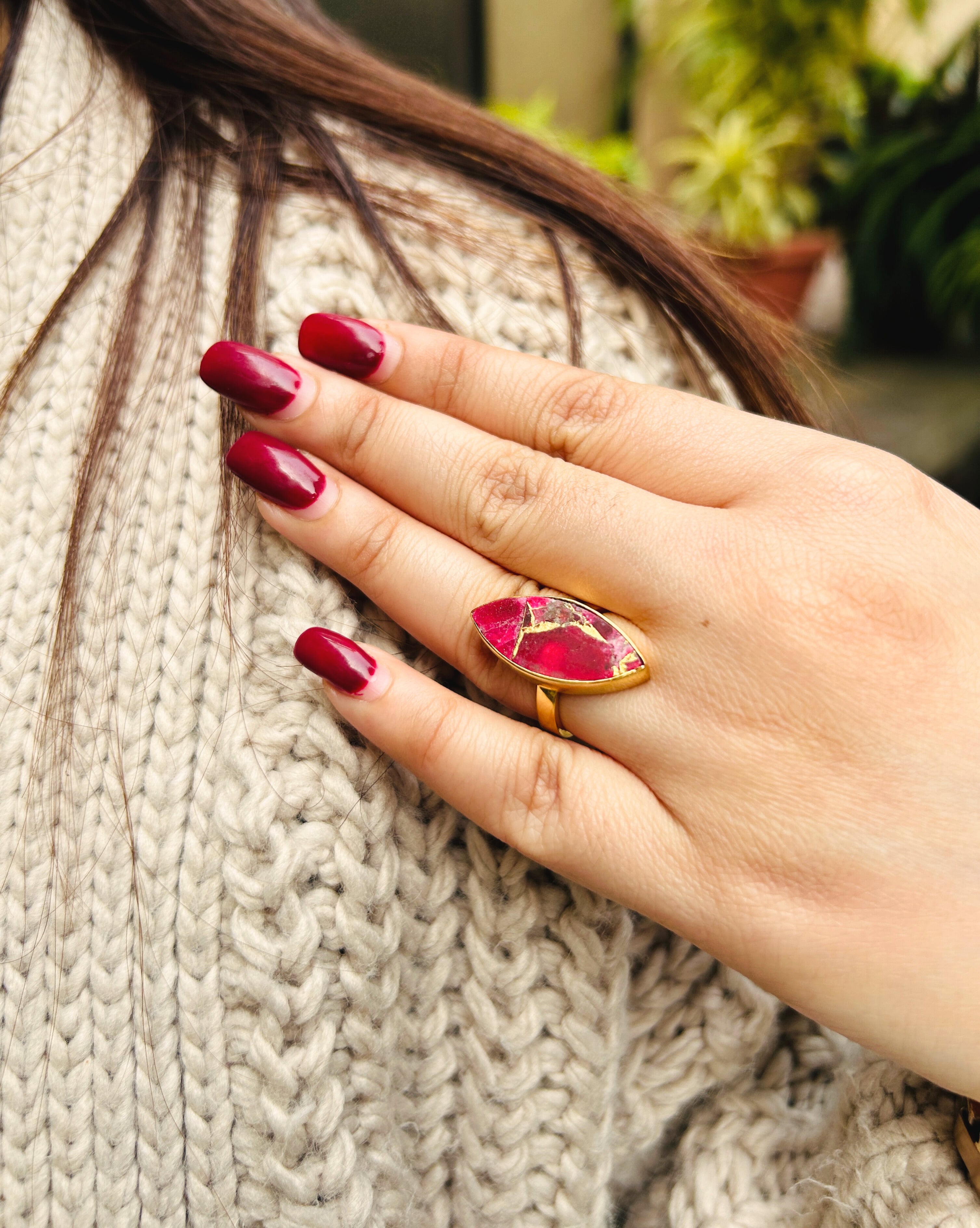 Archies Adjustable Mohave Wine Velvet Gold Plated Ring - QUEENS JEWELS