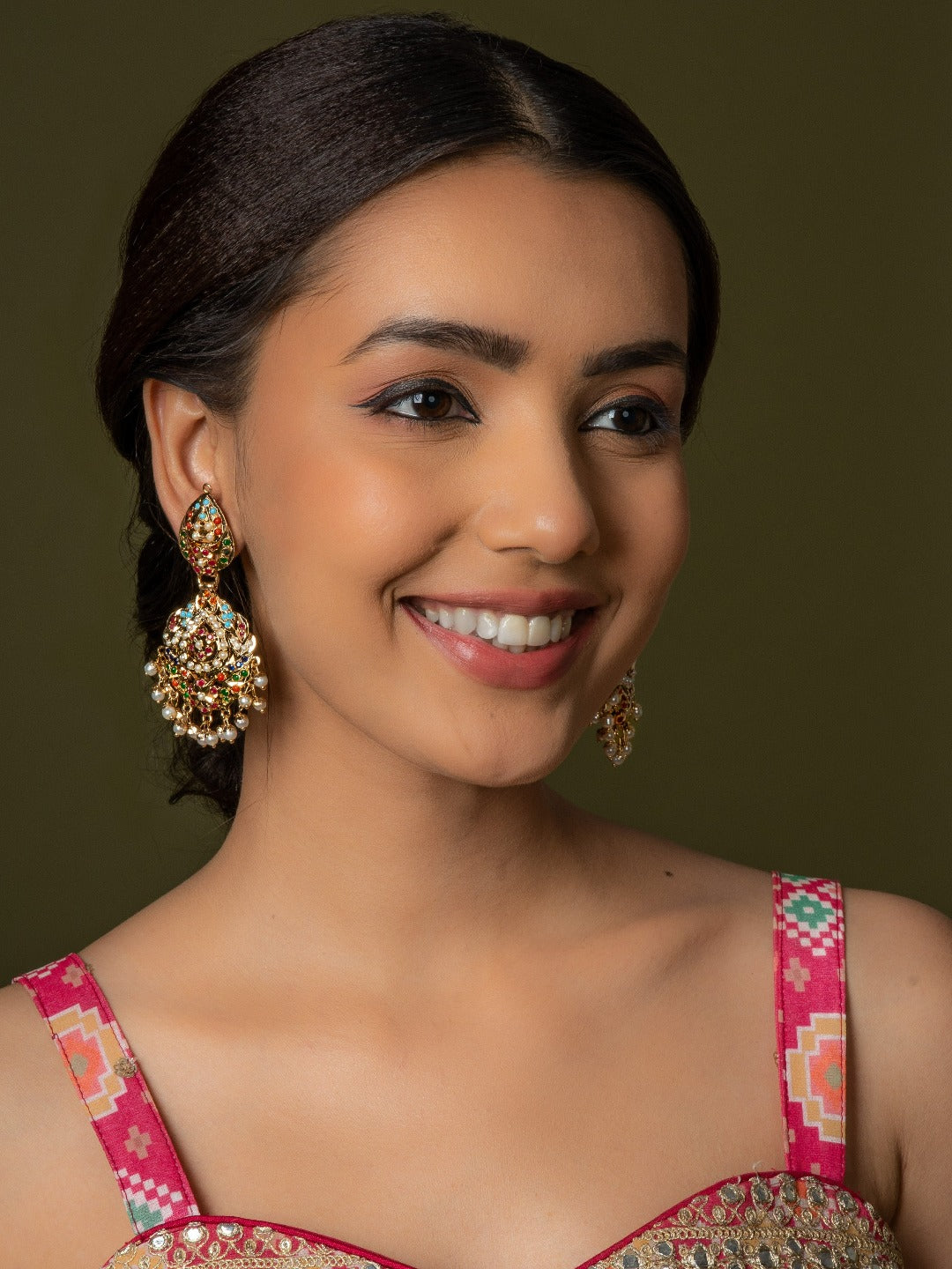 Gold Toned Navratan Jadau Dangler Earrings - QUEENS JEWELS