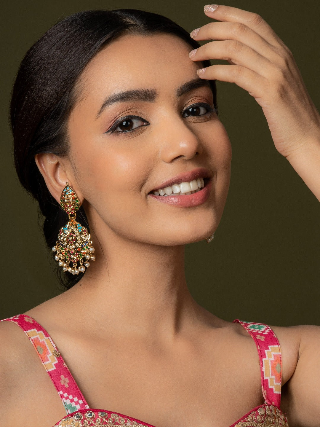 Gold Toned Navratan Jadau Dangler Earrings - QUEENS JEWELS