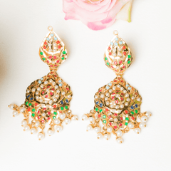 Gold Toned Navratan Jadau Dangler Earrings - QUEENS JEWELS