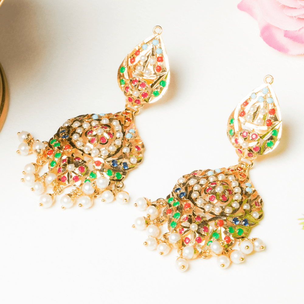 Gold Toned Navratan Jadau Dangler Earrings - QUEENS JEWELS