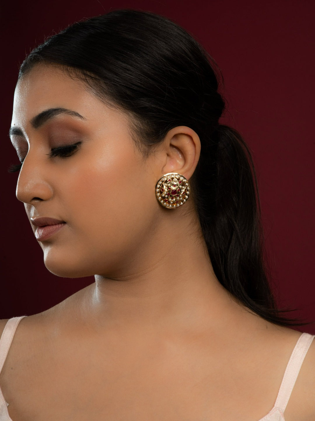 Afia Jadau Round Stud Earrings - QUEENS JEWELS