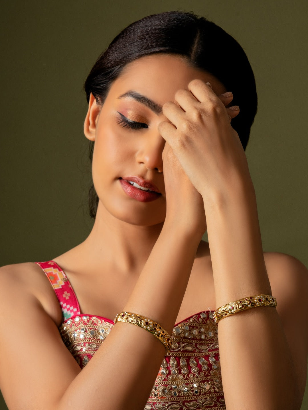 Gold Plated Ruby Jadau Bangle Pair - QUEENS JEWELS