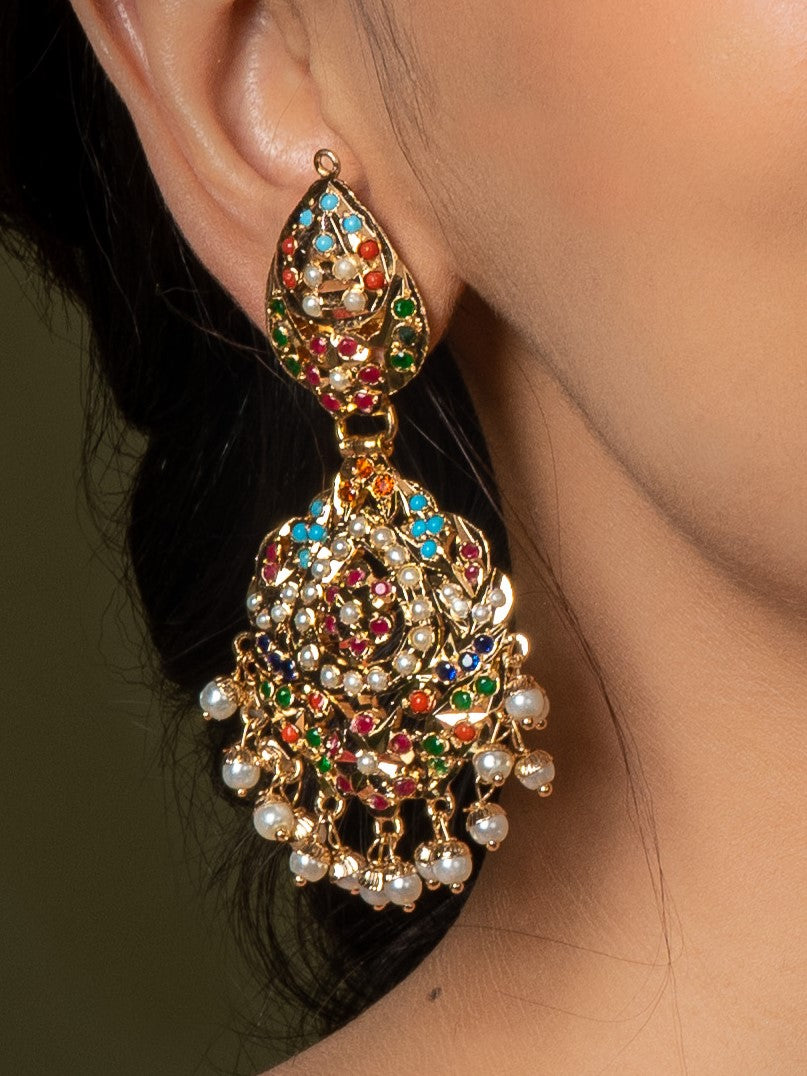 Gold Toned Navratan Jadau Dangler Earrings - QUEENS JEWELS