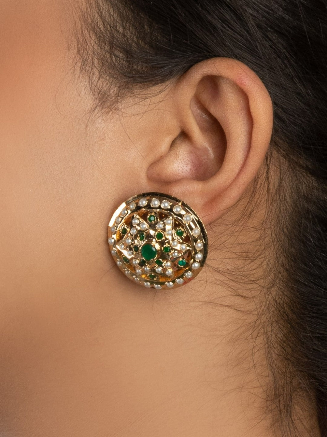 Afia Jadau Round Stud Earrings - QUEENS JEWELS