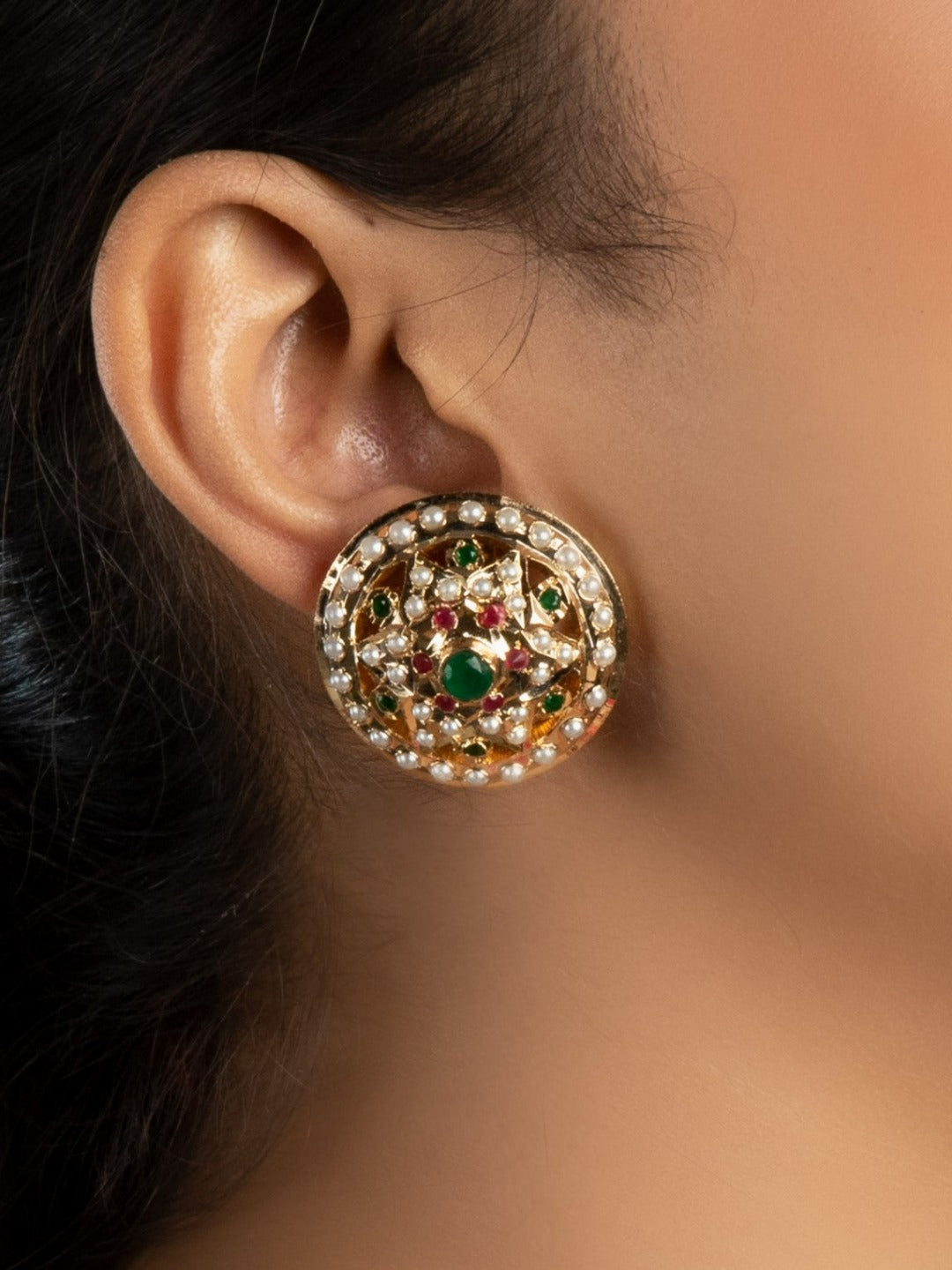 Afia Jadau Round Stud Earrings - QUEENS JEWELS