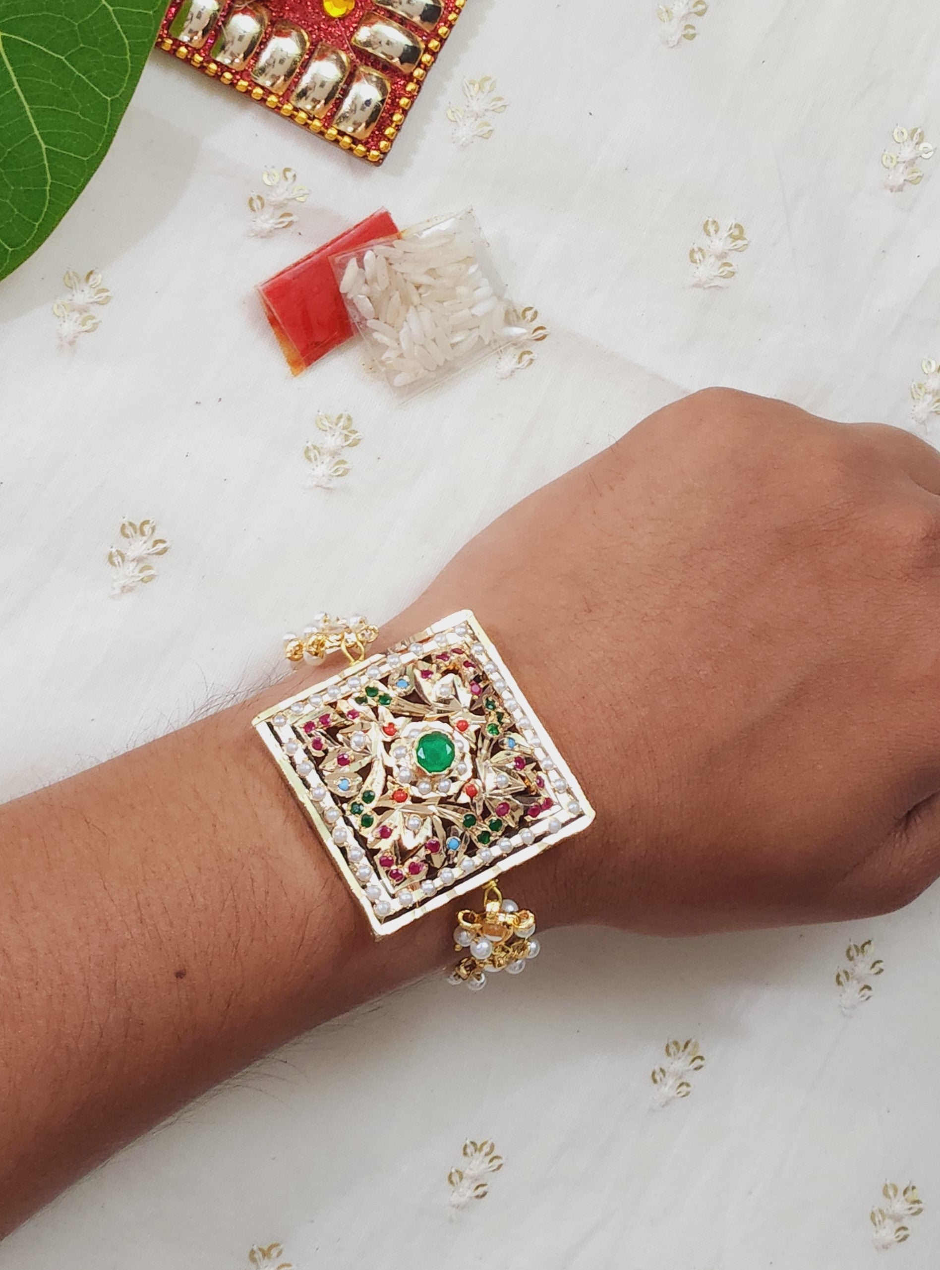 Stunning Navaratan Square Bracelet Rakhi - QUEENS JEWELS