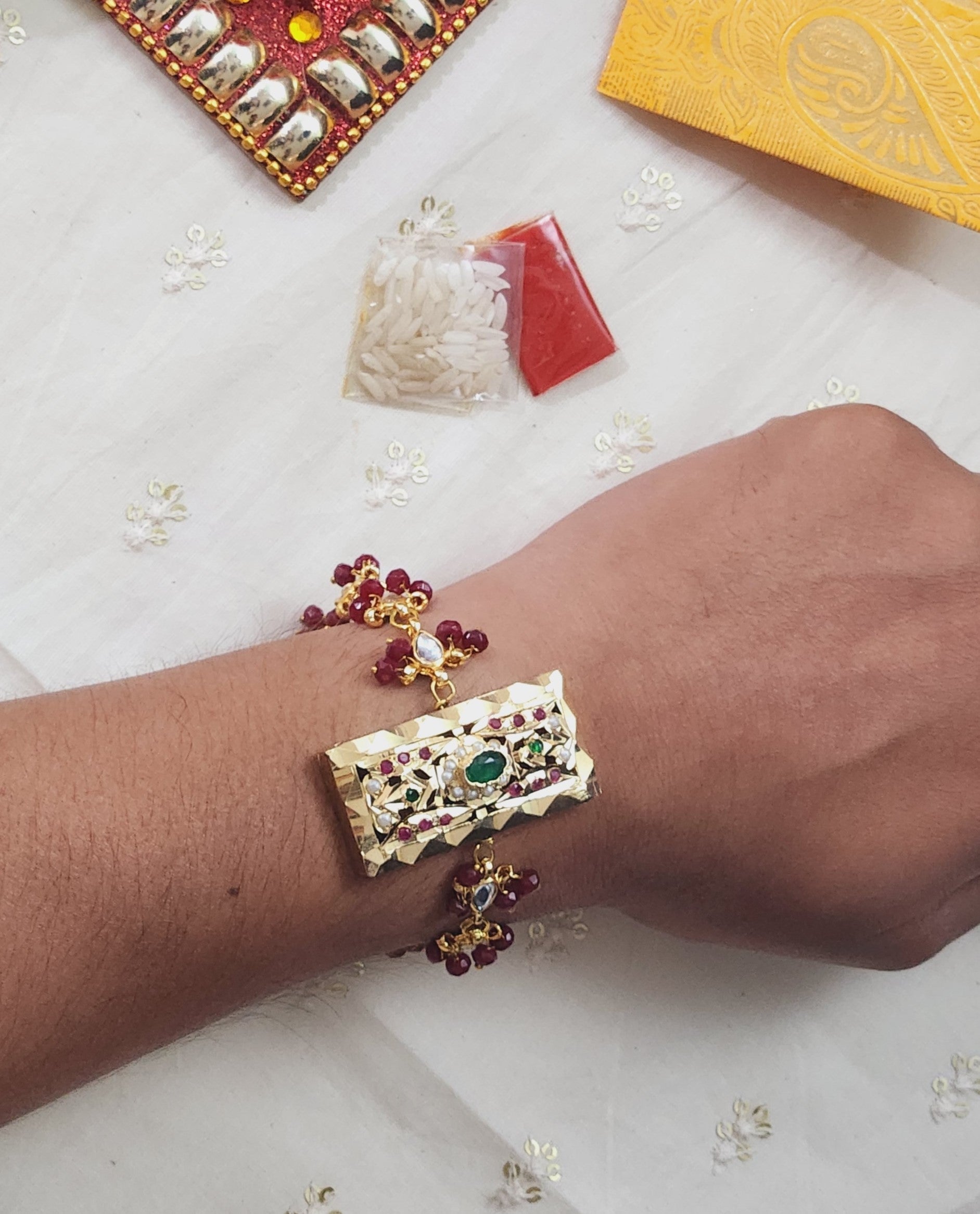 Myra Multicolour Rectangular Jadau  Bracelet Rakhi - QUEENS JEWELS