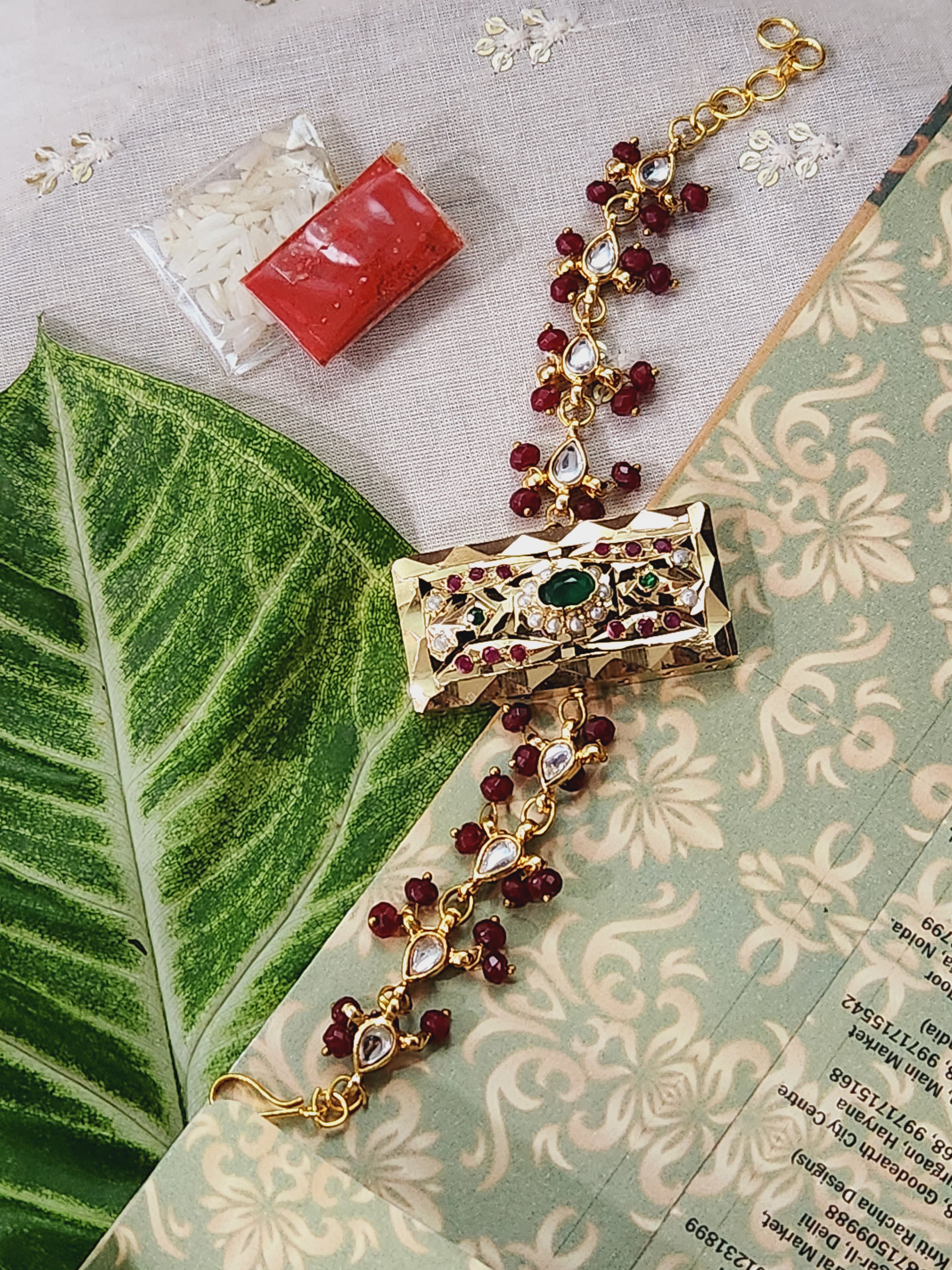 Myra Multicolour Rectangular Jadau  Bracelet Rakhi - QUEENS JEWELS