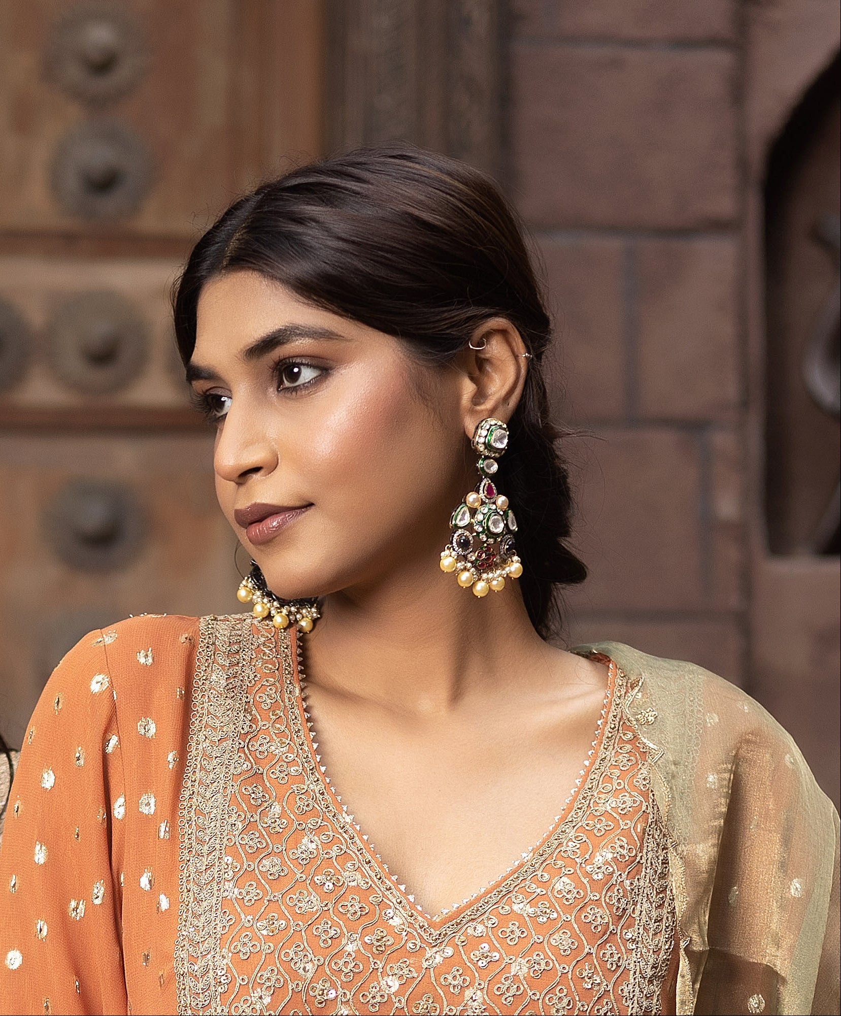 Victorian Style Polki Navratan Earrings - QUEENS JEWELS