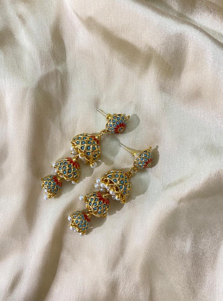 Gold Tone Three Layered (triple layer) Jadau Jhumki Earrings - QUEENS JEWELS