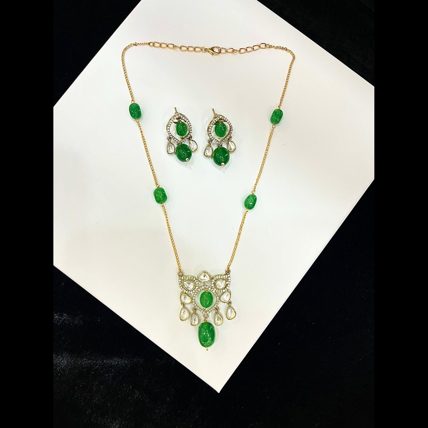 Alia Polki Kundan Victorian Pendant Necklace & Earrings Set - Green - QUEENS JEWELS