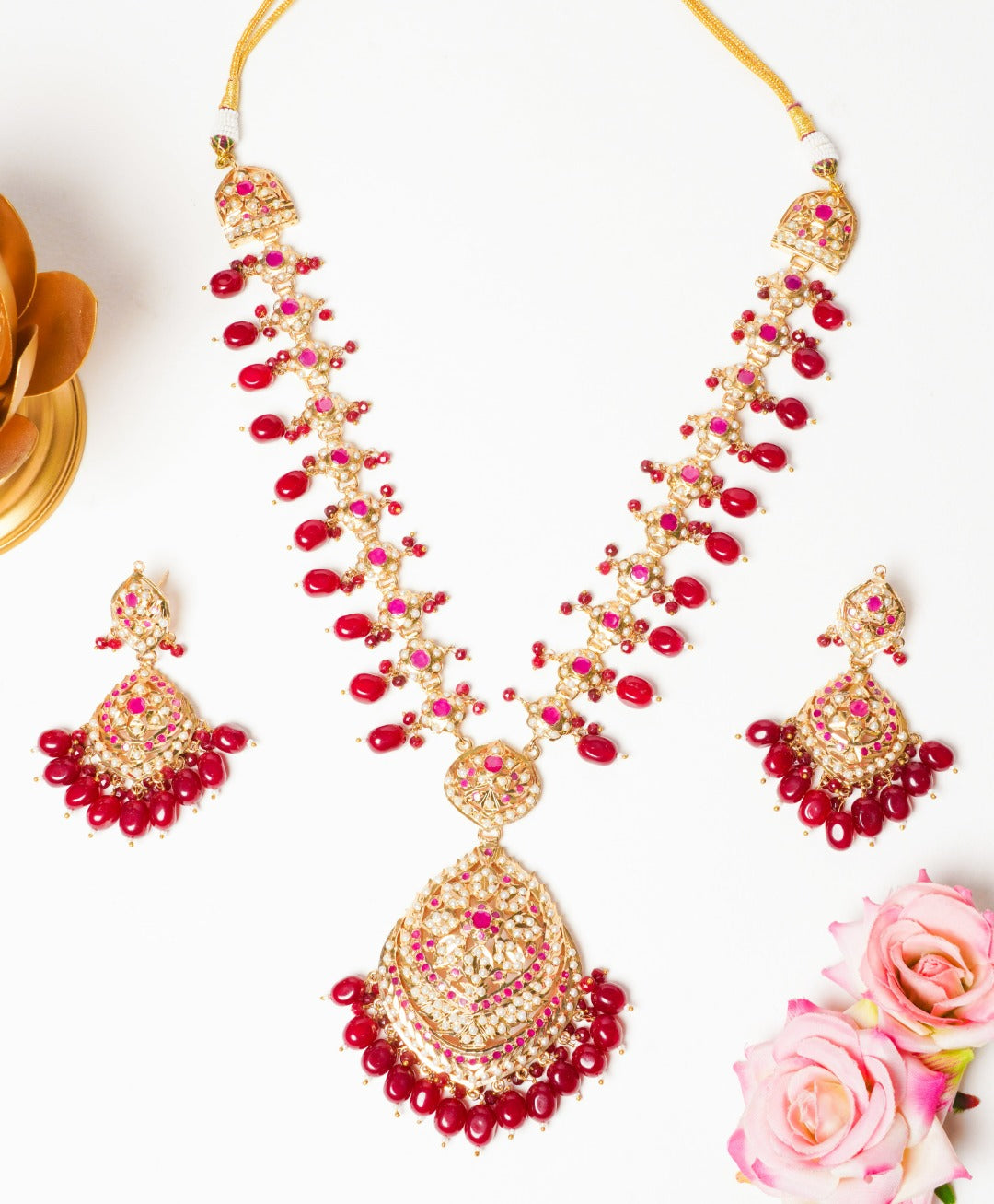 Bespoke Ruby Red Jadau Raani Haar with Earrings (Long Necklace and Earrings Set) - QUEENS JEWELS