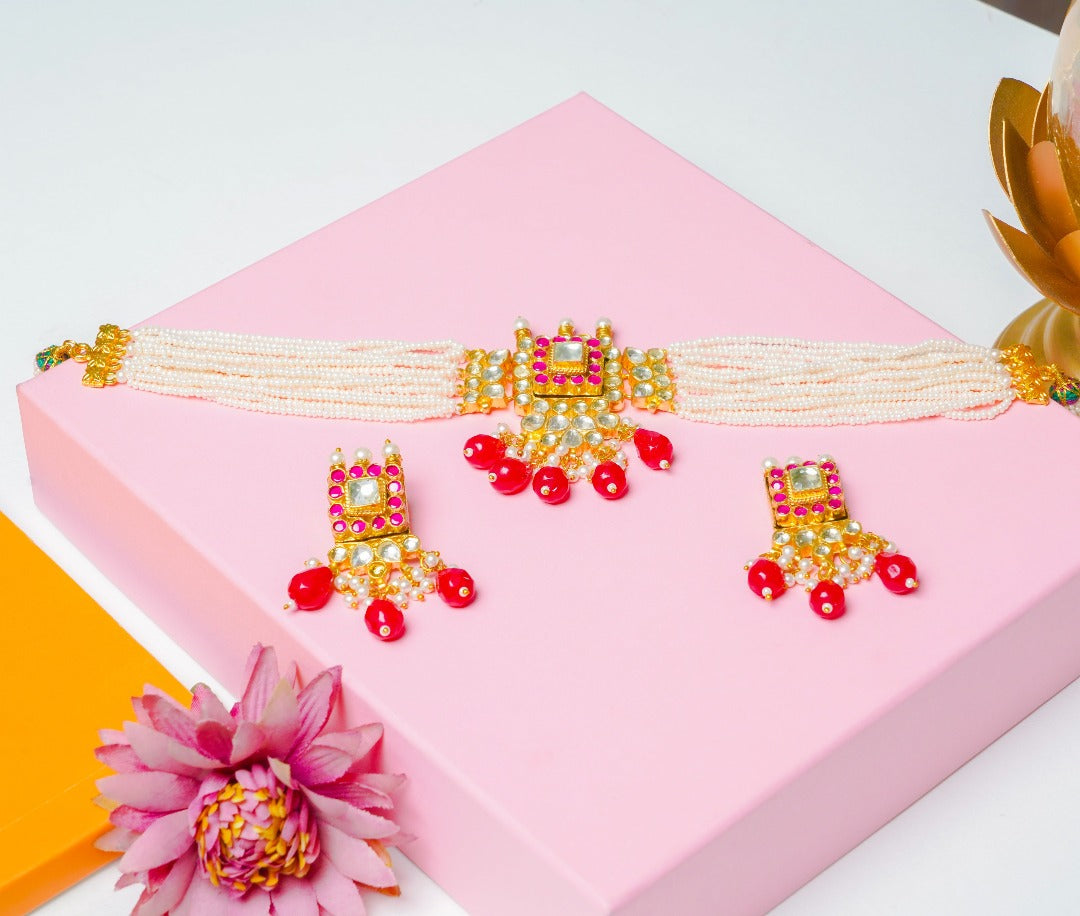 Bridesmaid's Kundan Choker with Earrings (Necklace and Earrings Set) - QUEENS JEWELS