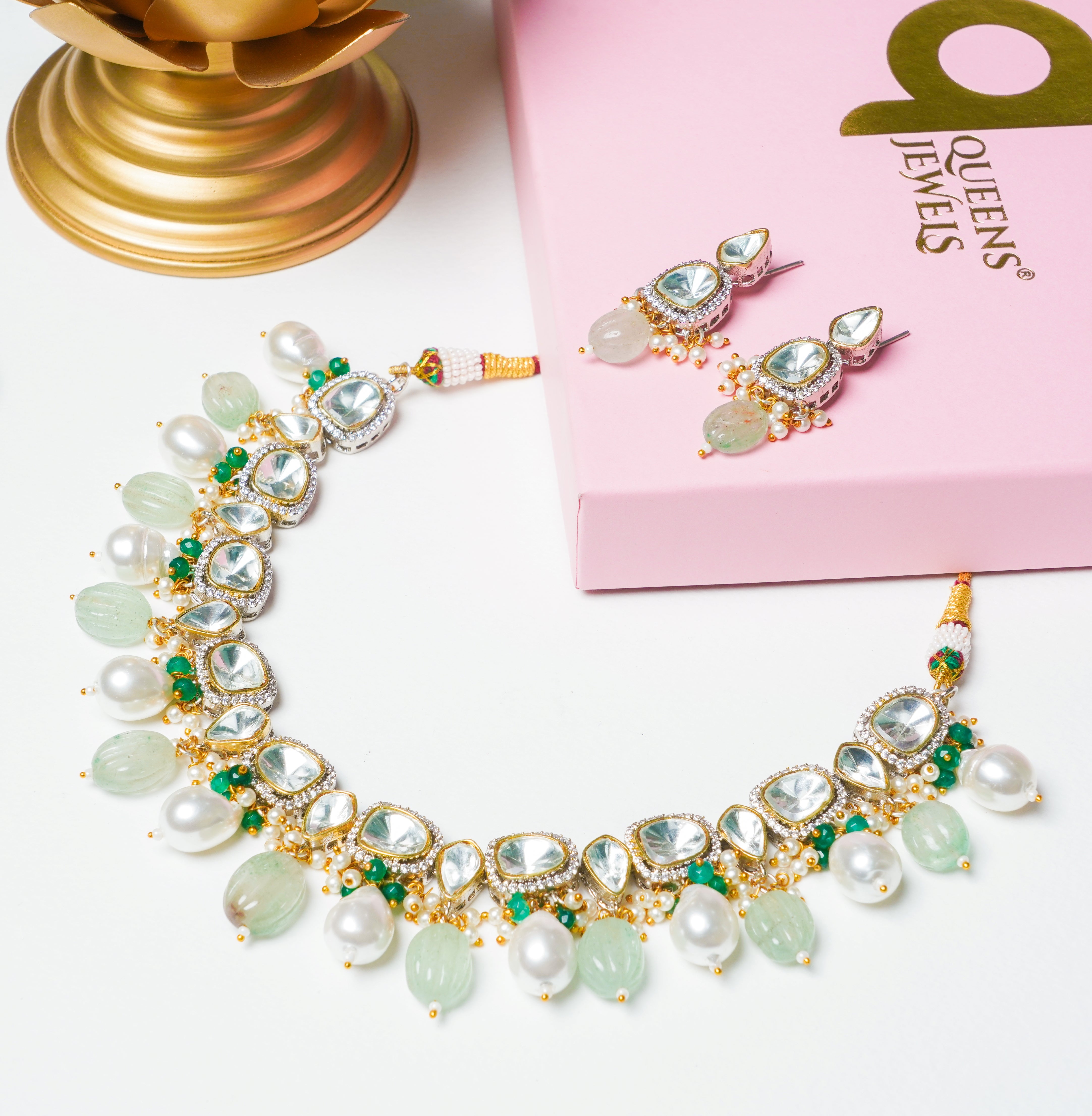 Uncut Polki Sleek Choker Set - QUEENS JEWELS