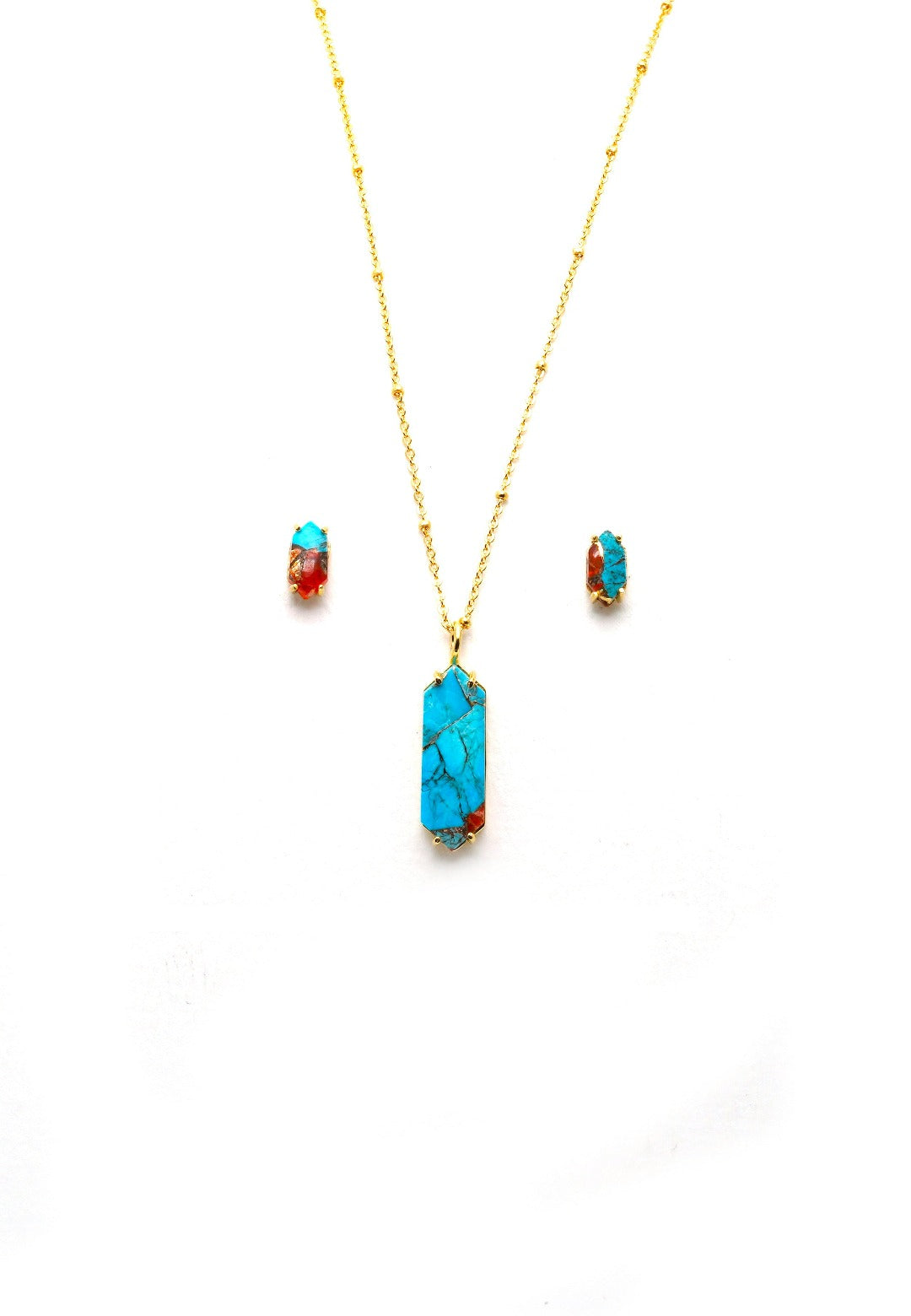 Bullet shaped small blue & orange pendant with stud earrings