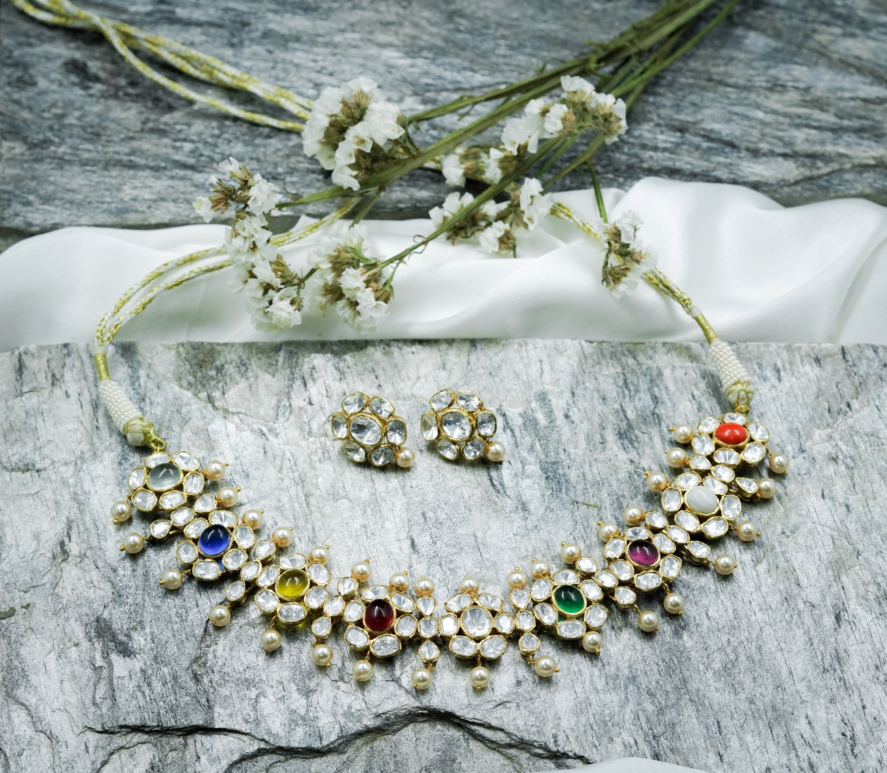 Navratan Stone Embellished Kundan Choker Set - QUEENS JEWELS