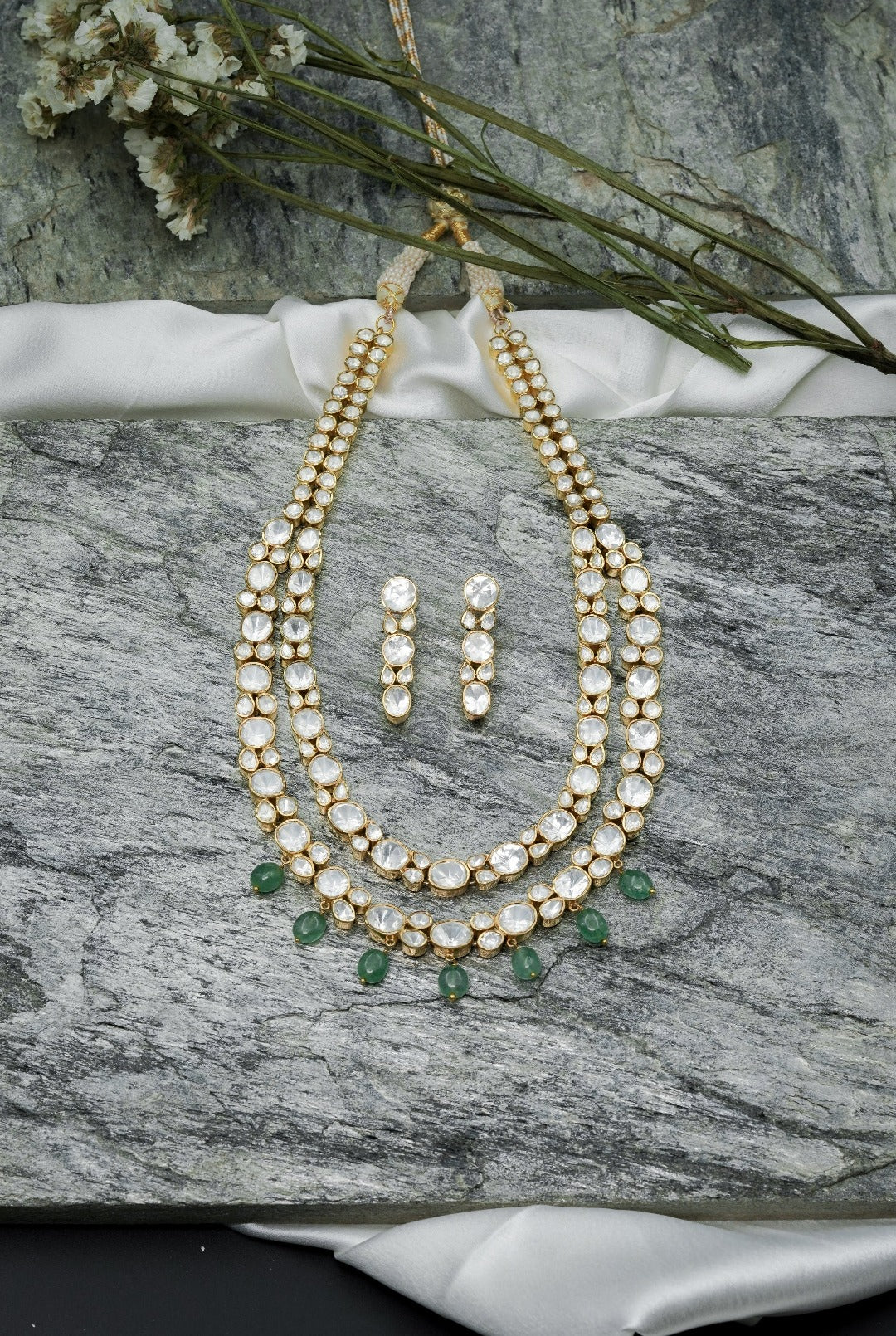 Emerald Drops Long Kundan Necklace Set with Earrings - QUEENS JEWELS