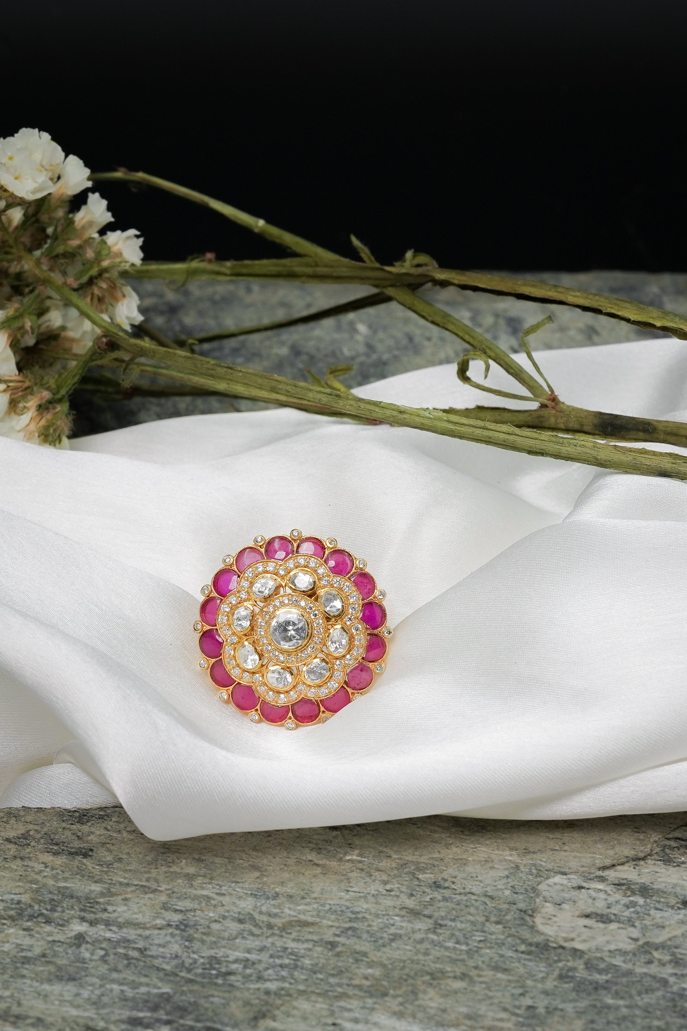 Ruby Pachi Kundan Adjustable Ring - QUEENS JEWELS
