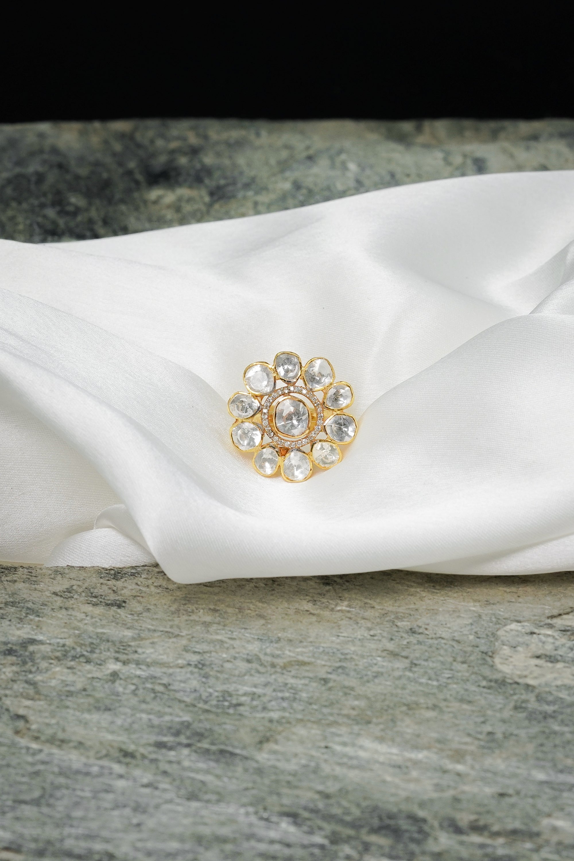 White Polki Adjustable Finger Ring - QUEENS JEWELS