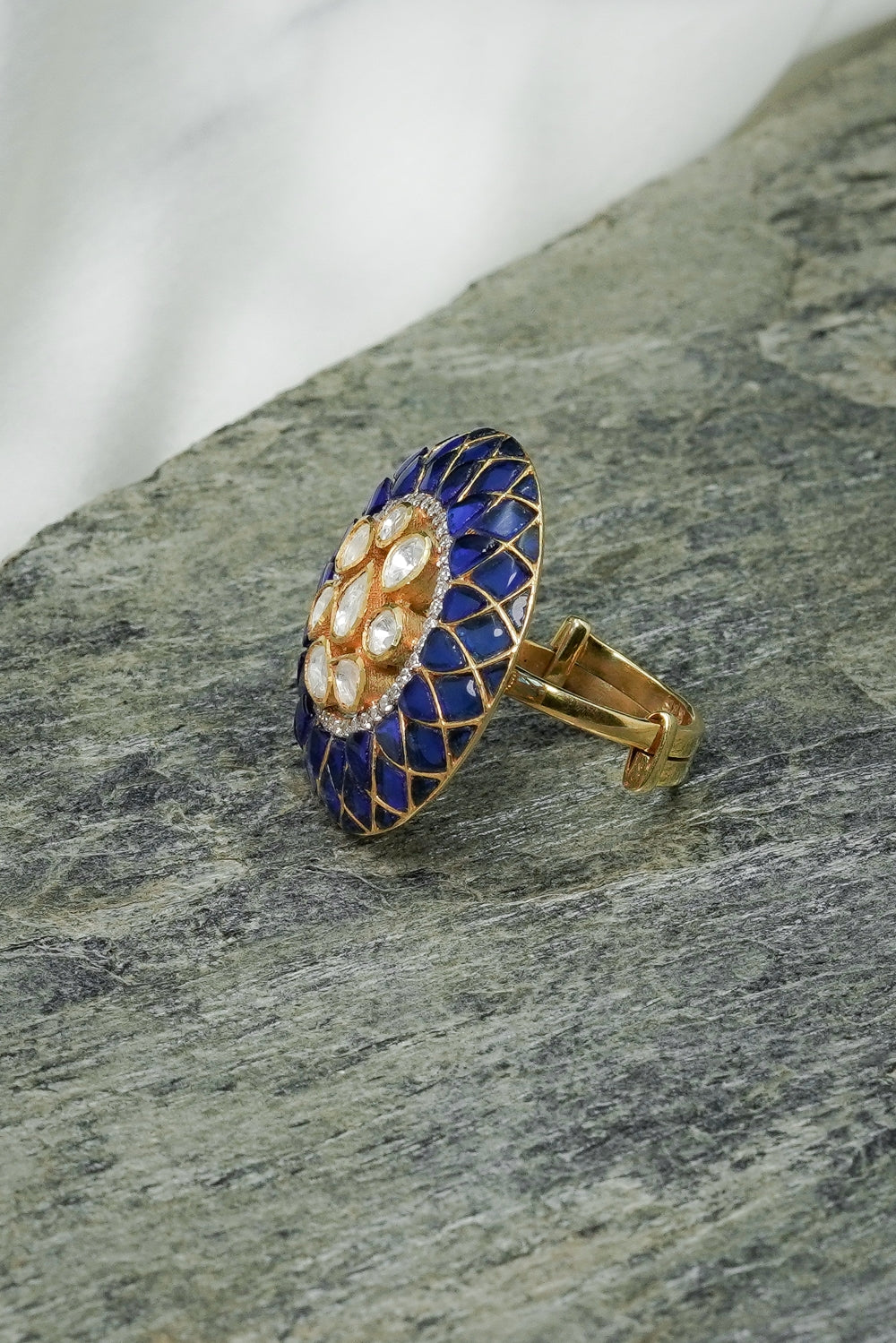 Kundan Studded Blue Adjustable Ring - QUEENS JEWELS