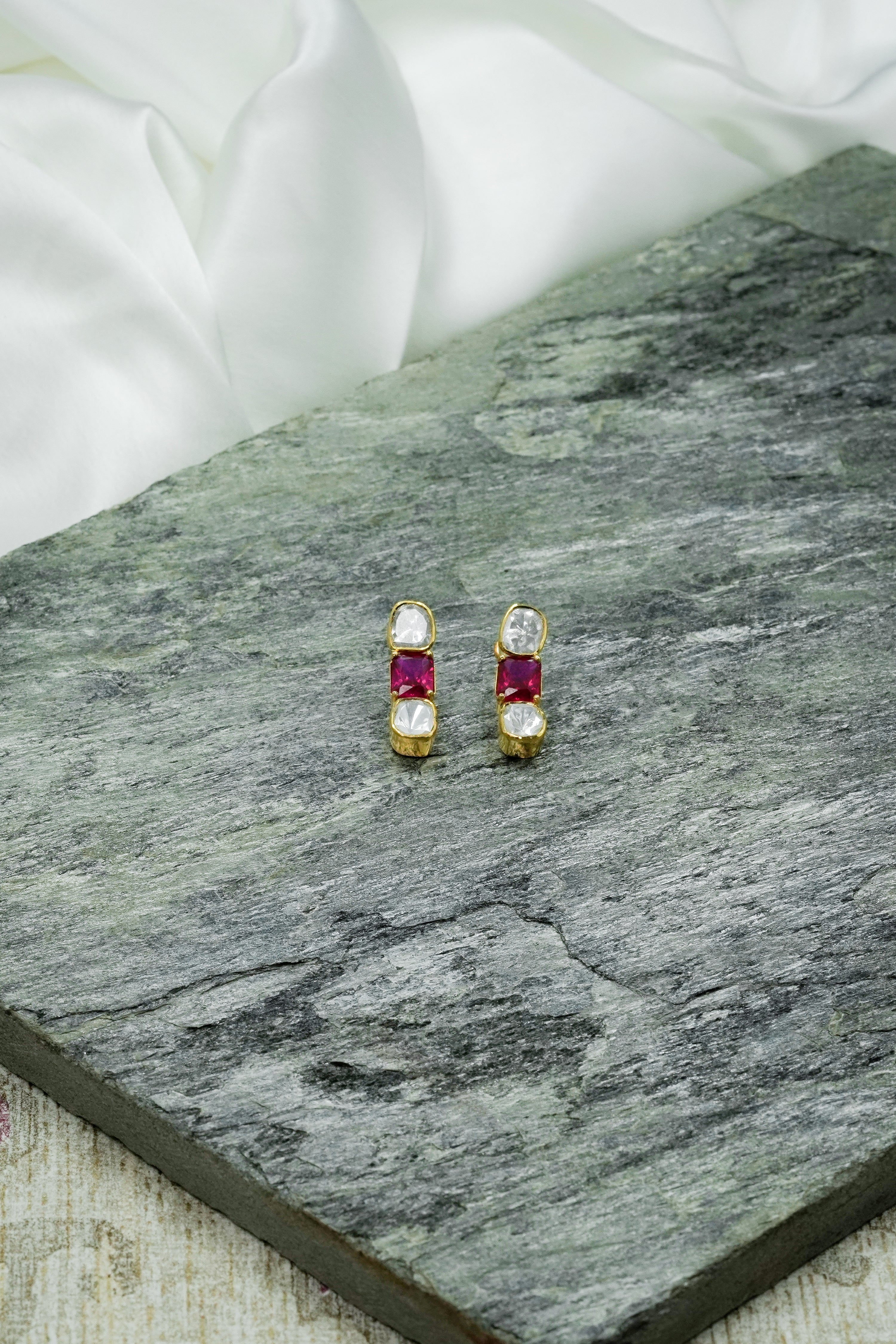 Sterling 925 Silver Ruby toned Gold Plated Kundan Polki Earrings - QUEENS JEWELS
