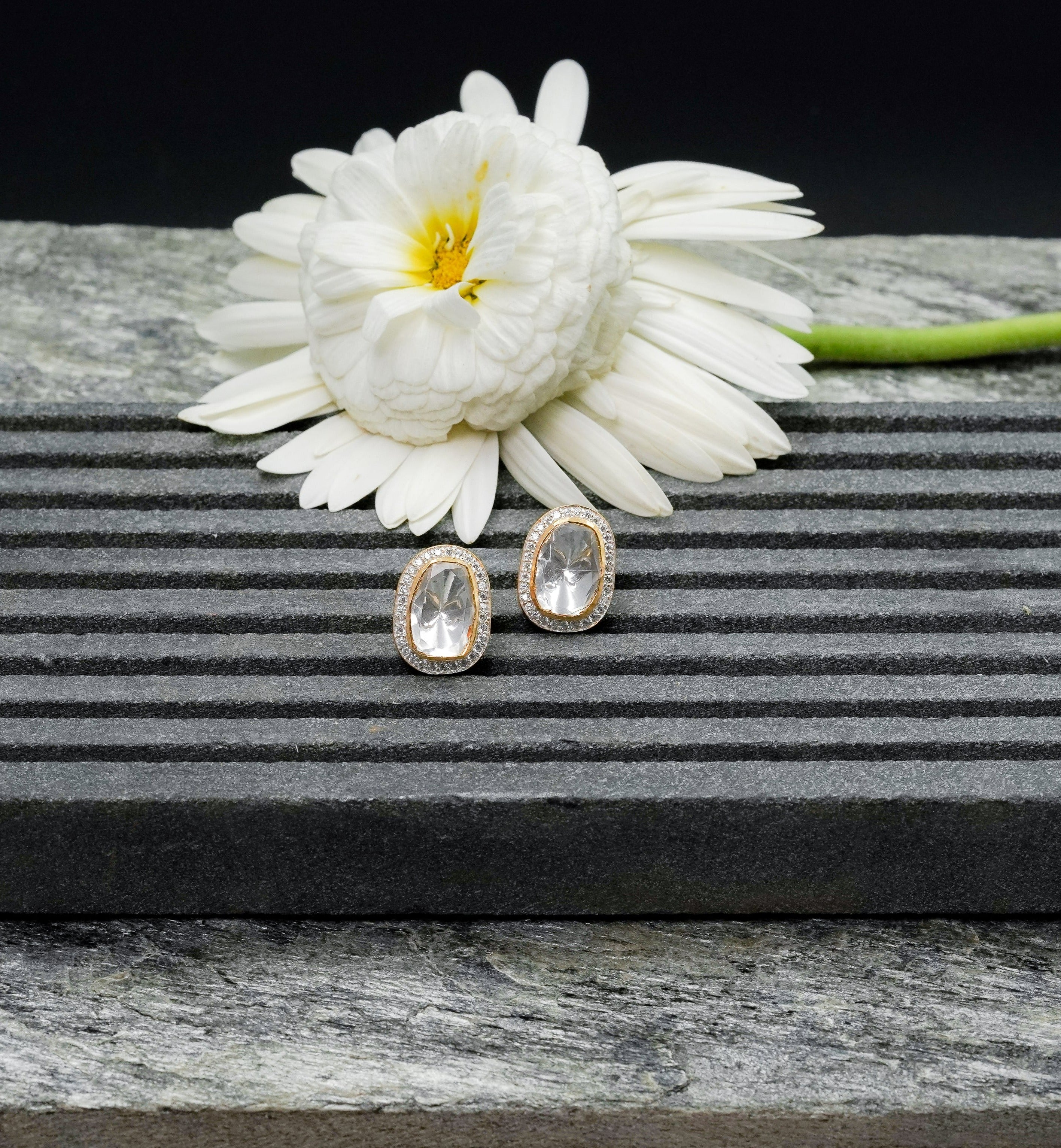 Polki Oval Embellished Studs - QUEENS JEWELS