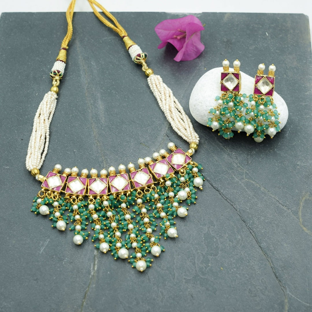 Bejeweled Kundan Choker with Earrings (Necklace and Earrings Set) - QUEENS JEWELS