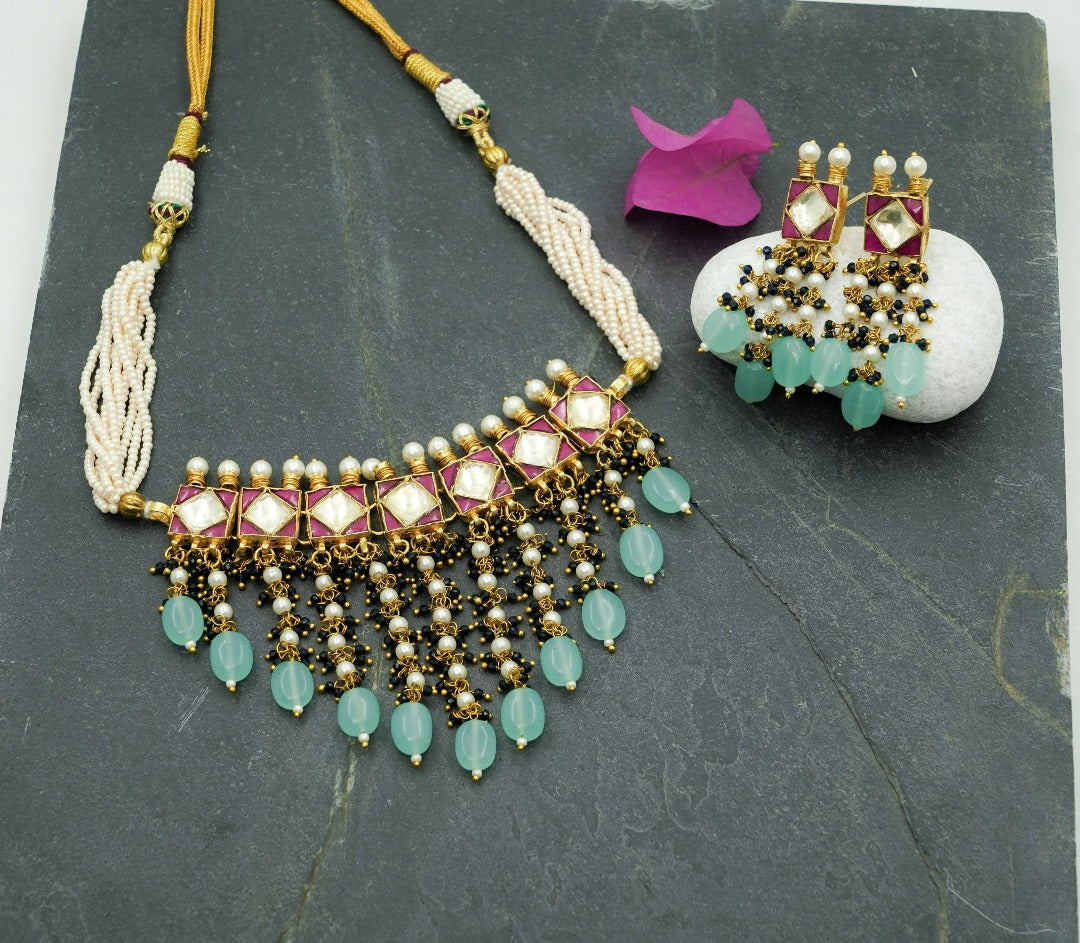 Bejeweled Kundan Choker with Earrings (Necklace and Earrings Set) - QUEENS JEWELS