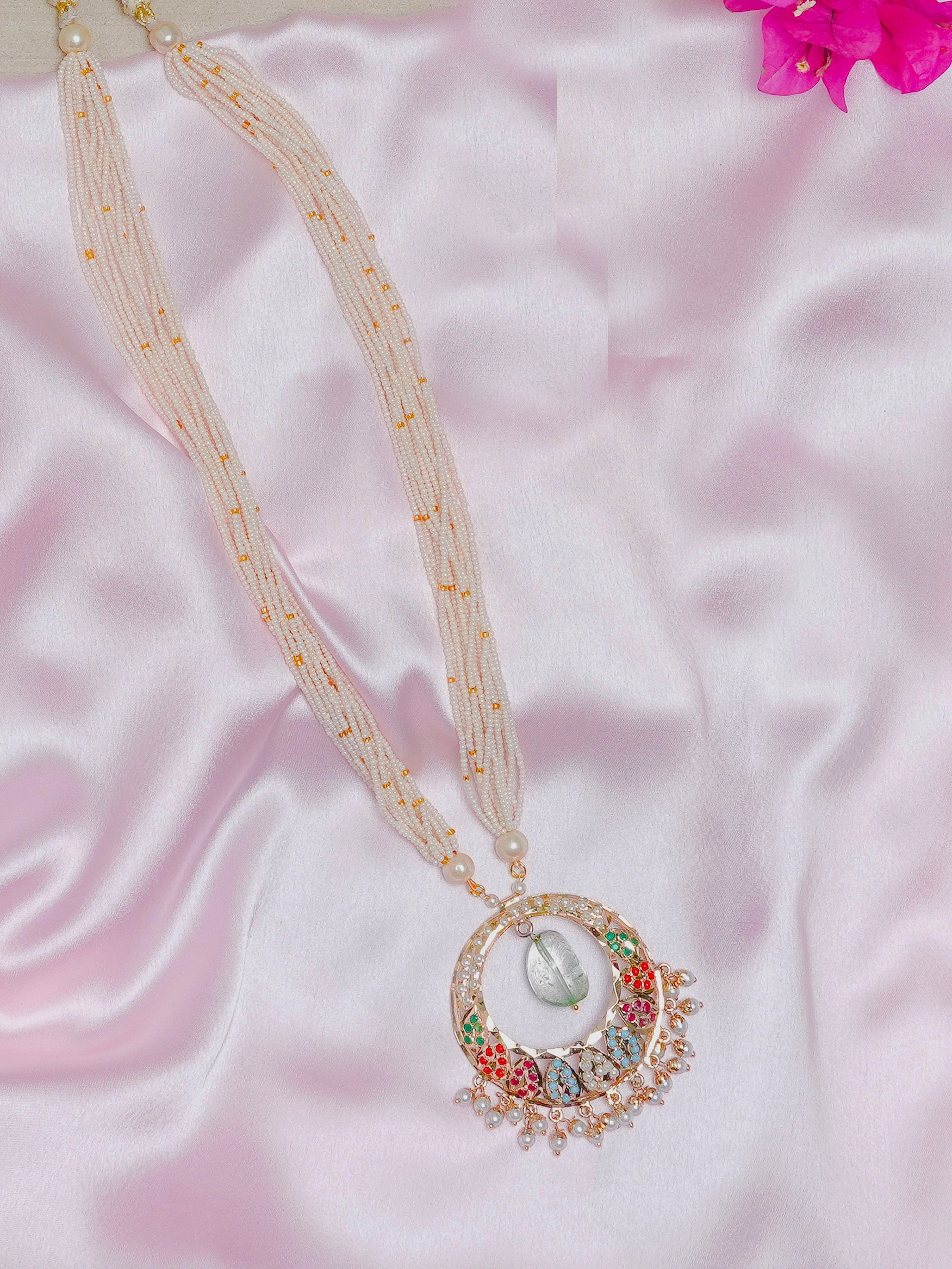 Jadau Navaratan Pearl Drop Chaandbali Pendant Necklace - QUEENS JEWELS