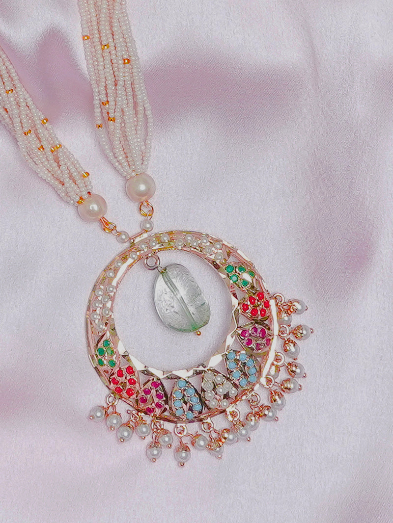 Jadau Navaratan Pearl Drop Chaandbali Pendant Necklace - QUEENS JEWELS