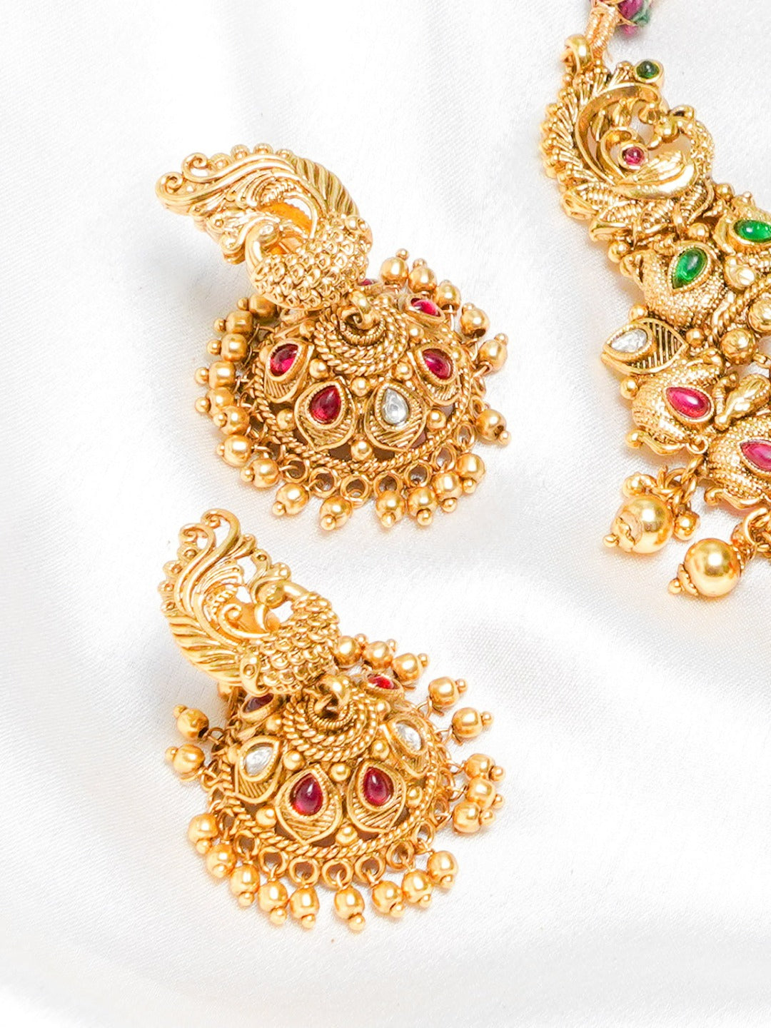 Gold Plated Peacock Motif Temple Choker Set  (Necklace & Earrings) - QUEENS JEWELS