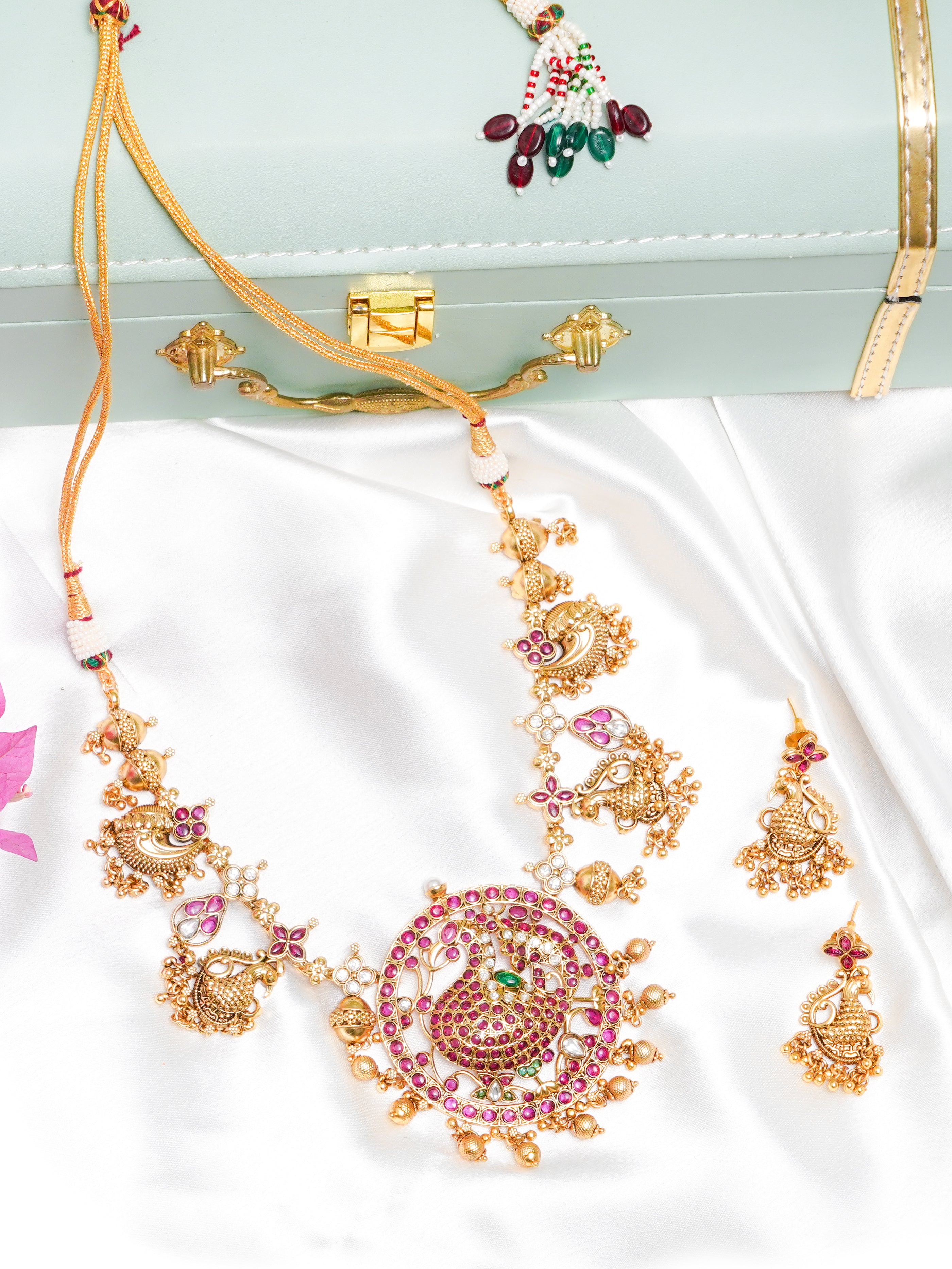 Peacock Multicolour Temple Choker Set (Necklace & Earrings) - QUEENS JEWELS