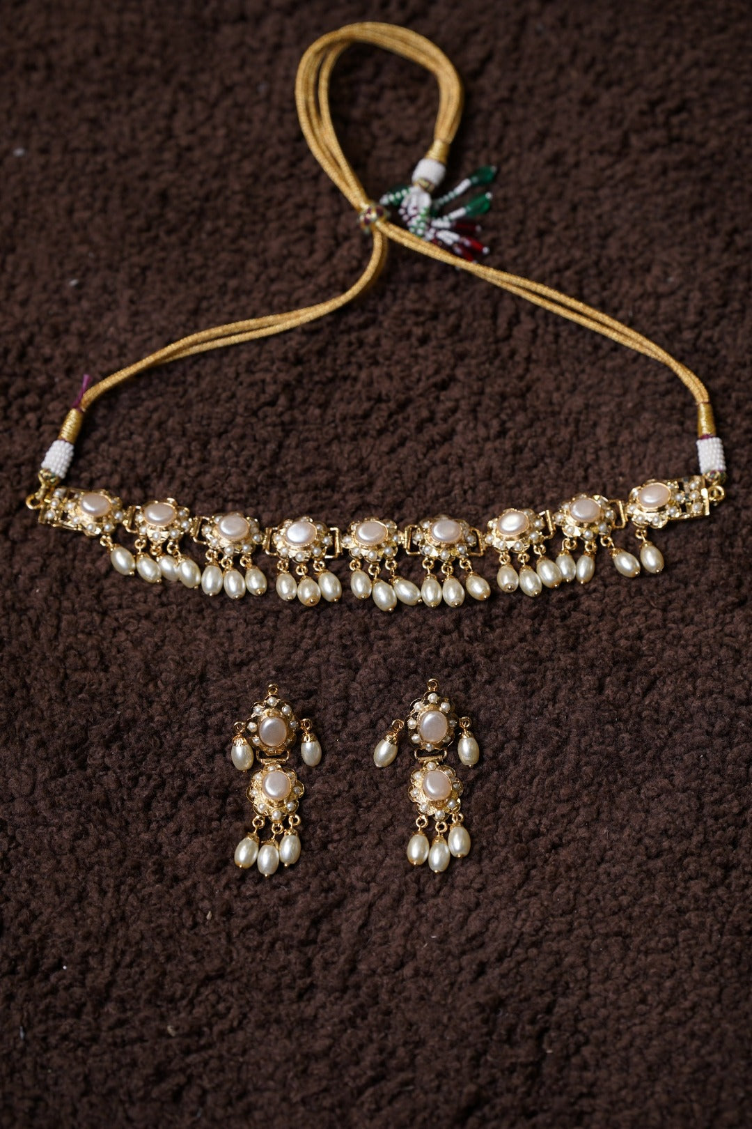 Ahalya Jadau Choker with Earrings (Necklace and Earrings Set) - Pearl white - QUEENS JEWELS