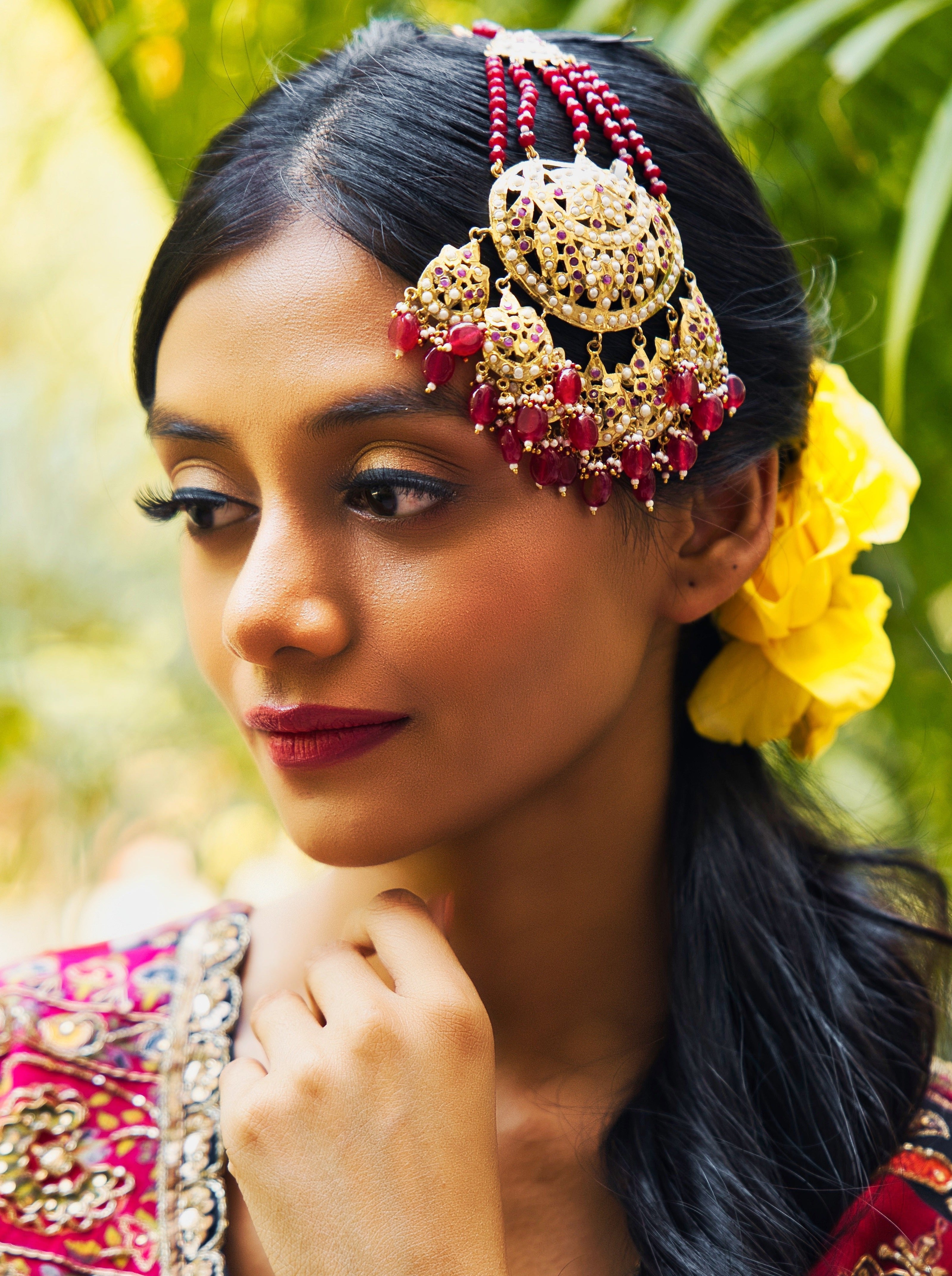 Crimson Red Big Pearl Jadau Paasa - QUEENS JEWELS
