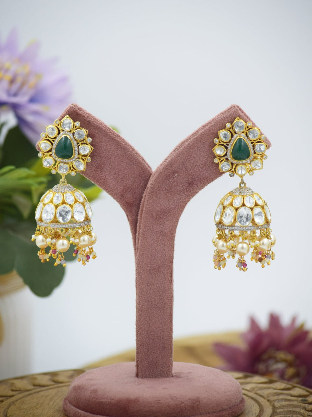 925 Gold Plated Synthetic Moissanite Polki Jhumkas - QUEENS JEWELS
