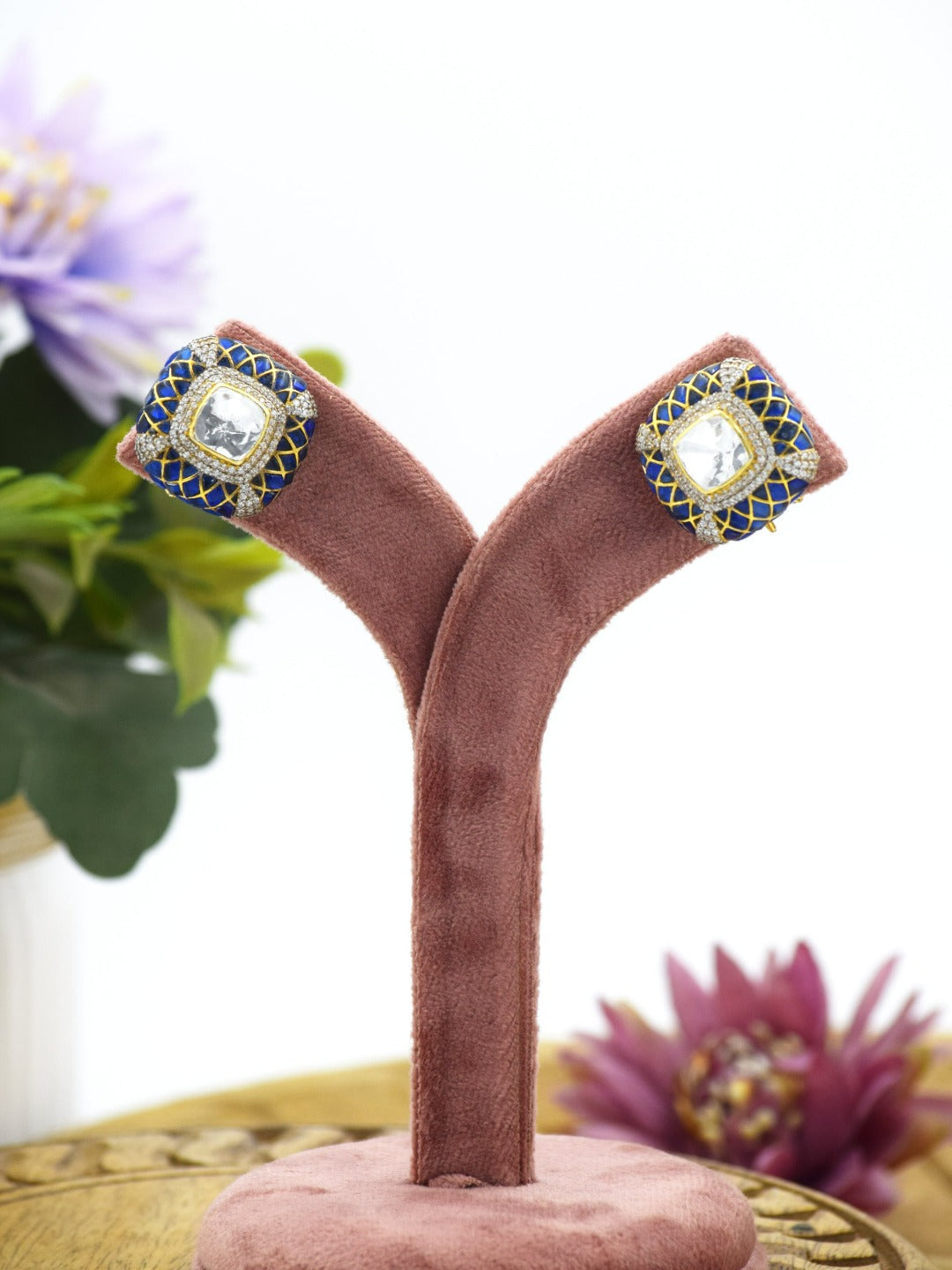 Gold Plated Sapphire Blue Synthetic Moissanite Polki Studs - QUEENS JEWELS