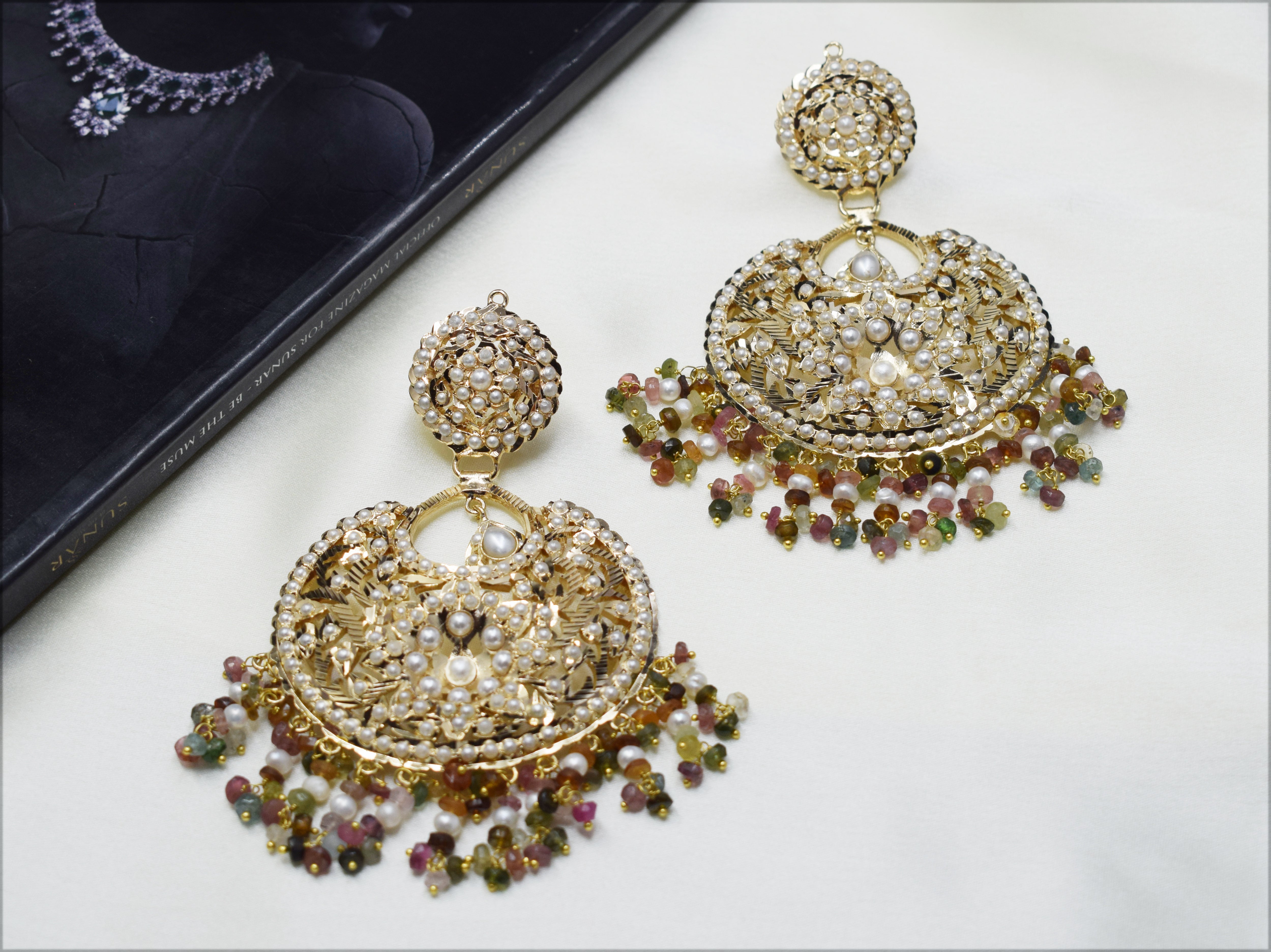 Azra Jadau Chandbali Earrings with Tourmaline Stringing - QUEENS JEWELS