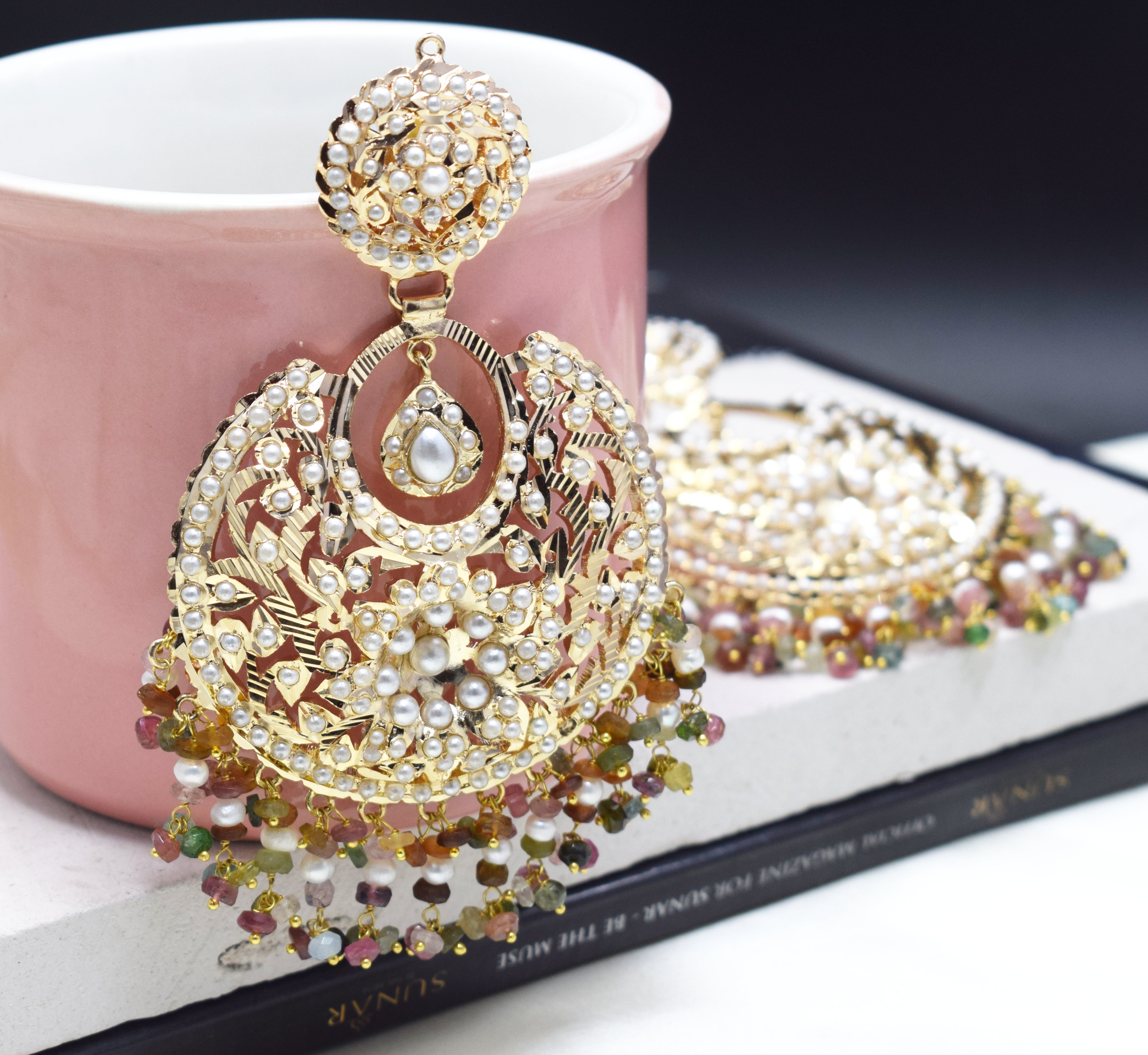 Azra Jadau Chandbali Earrings with Tourmaline Stringing - QUEENS JEWELS