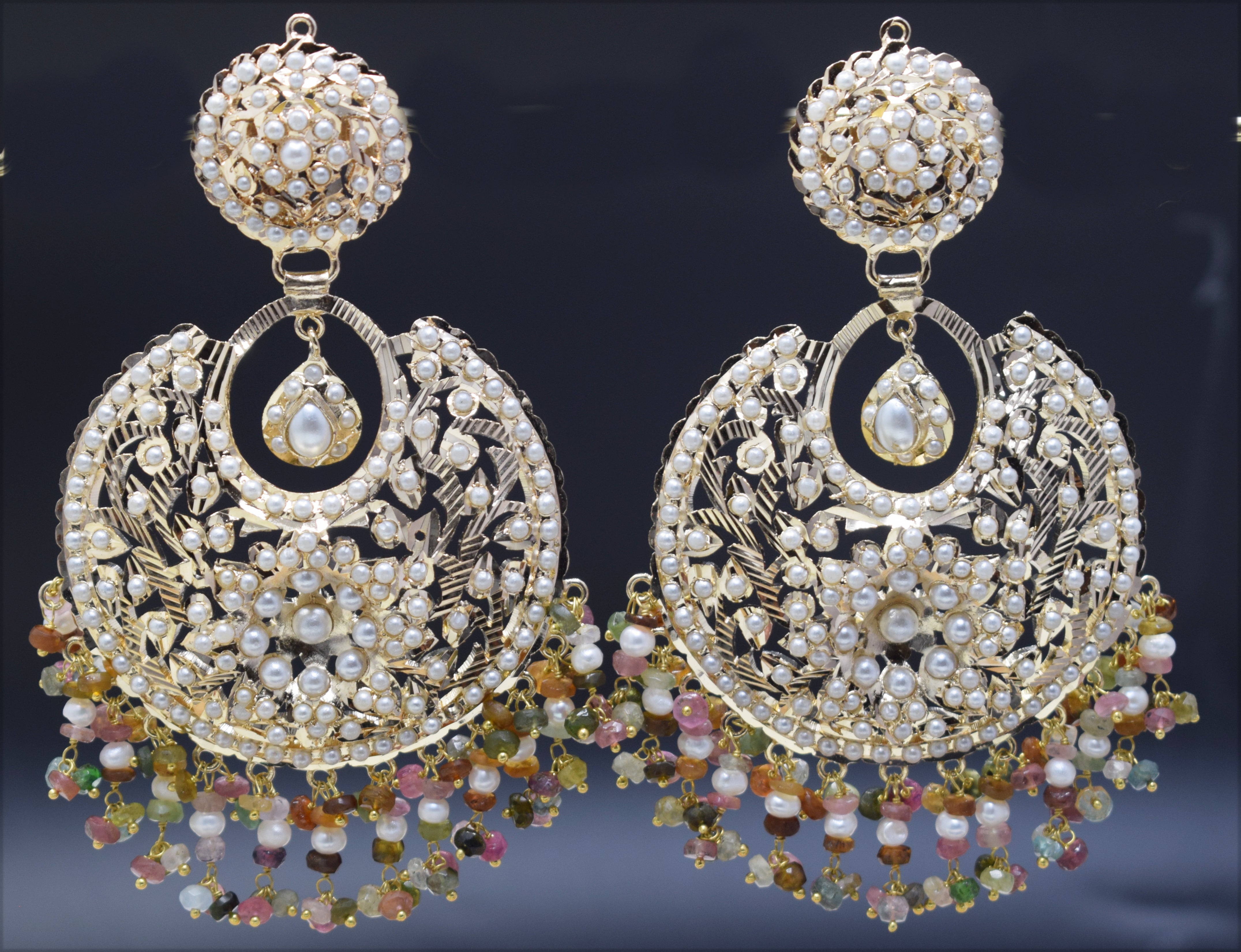 Azra Jadau Chandbali Earrings with Tourmaline Stringing - QUEENS JEWELS