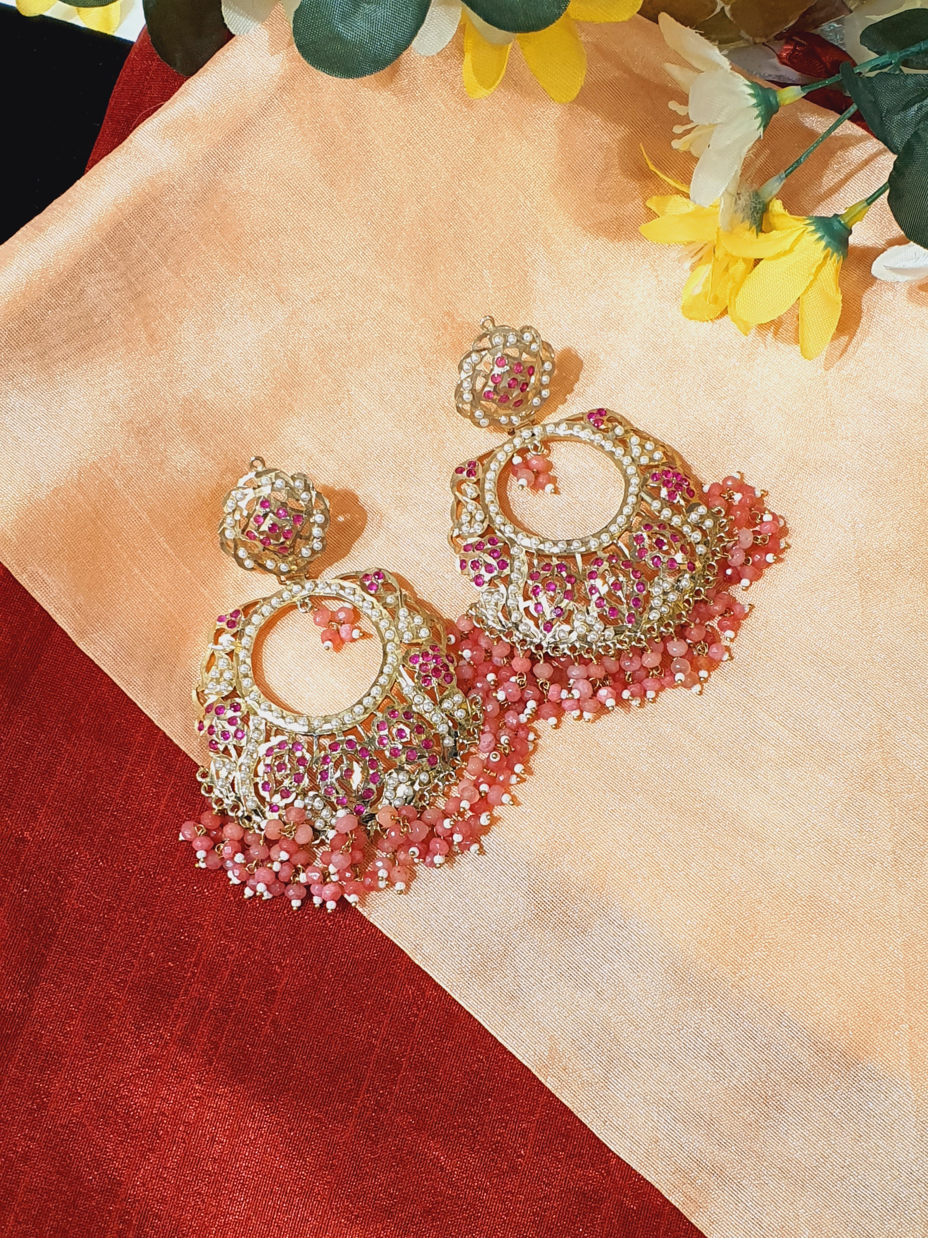 Jadau Jhumka Gulabi Chandbali Earrings - QUEENS JEWELS