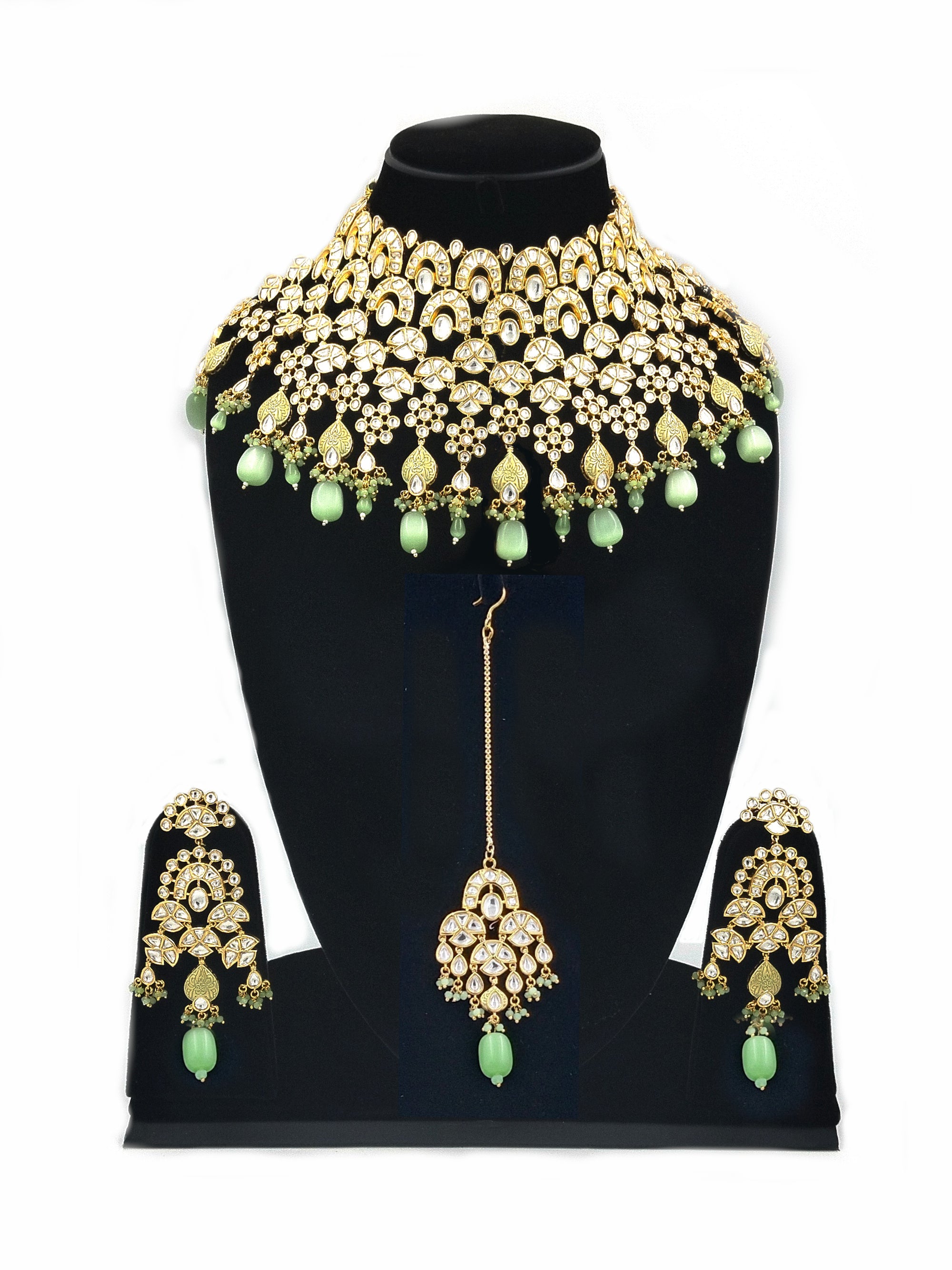 Jodha Akbar Bridal Polki Kundan Statement Set (Necklace, Earrings & Maangtika) - QUEENS JEWELS